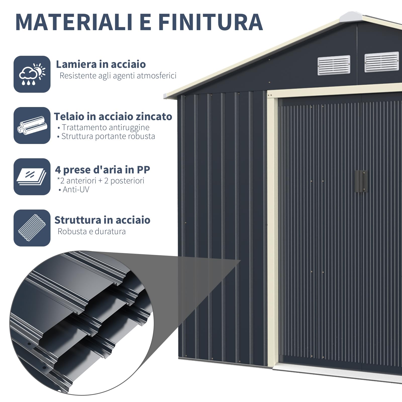 RELAX4LIFE Casetta da Giardino 340 x 319 x 210 cm (10,19 m²), Acciaio Zincato, 4 Prese d'Aria, Porta 117x162 cm, Tetto Inclinato, Porte Scorrevoli, Expandibile, Grigio