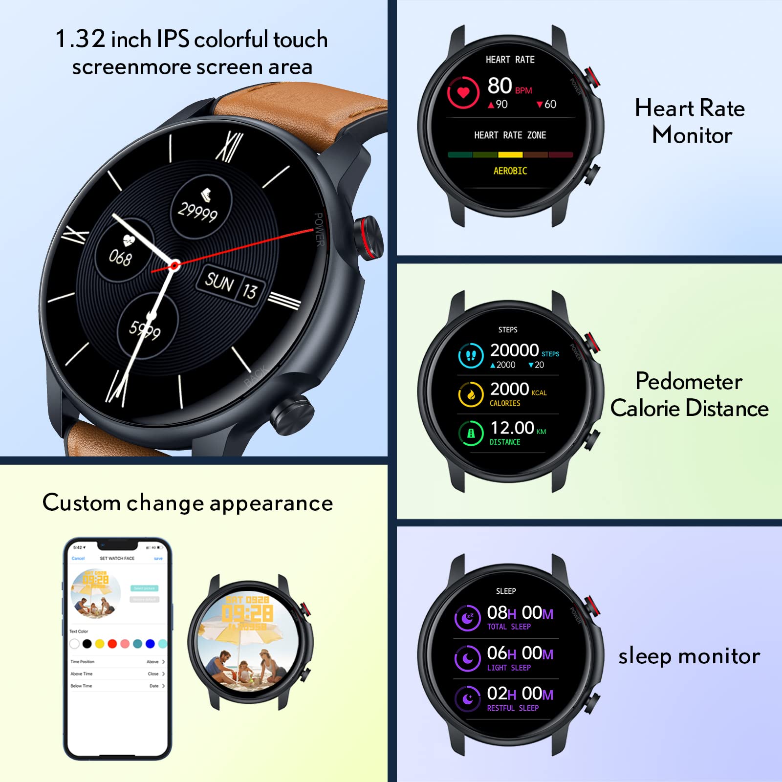 Smartwatch Homme Montre Connectée Sport 1,32 Pouces IP68 Étanche Écran Tactile Bracelet Connectee Moniteur Sommeil Fréquence Cardiaque Podomètre Fitness Tracker Android iOS Ronde Cuir