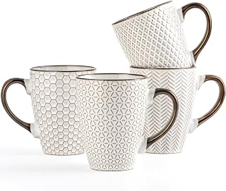 Juego de 4 tazas de café de cerámica con relieve de 16 oz para café con leche, té, capuchino, cacao y moca. Aptas para microondas y lavavajillas, Color blanco