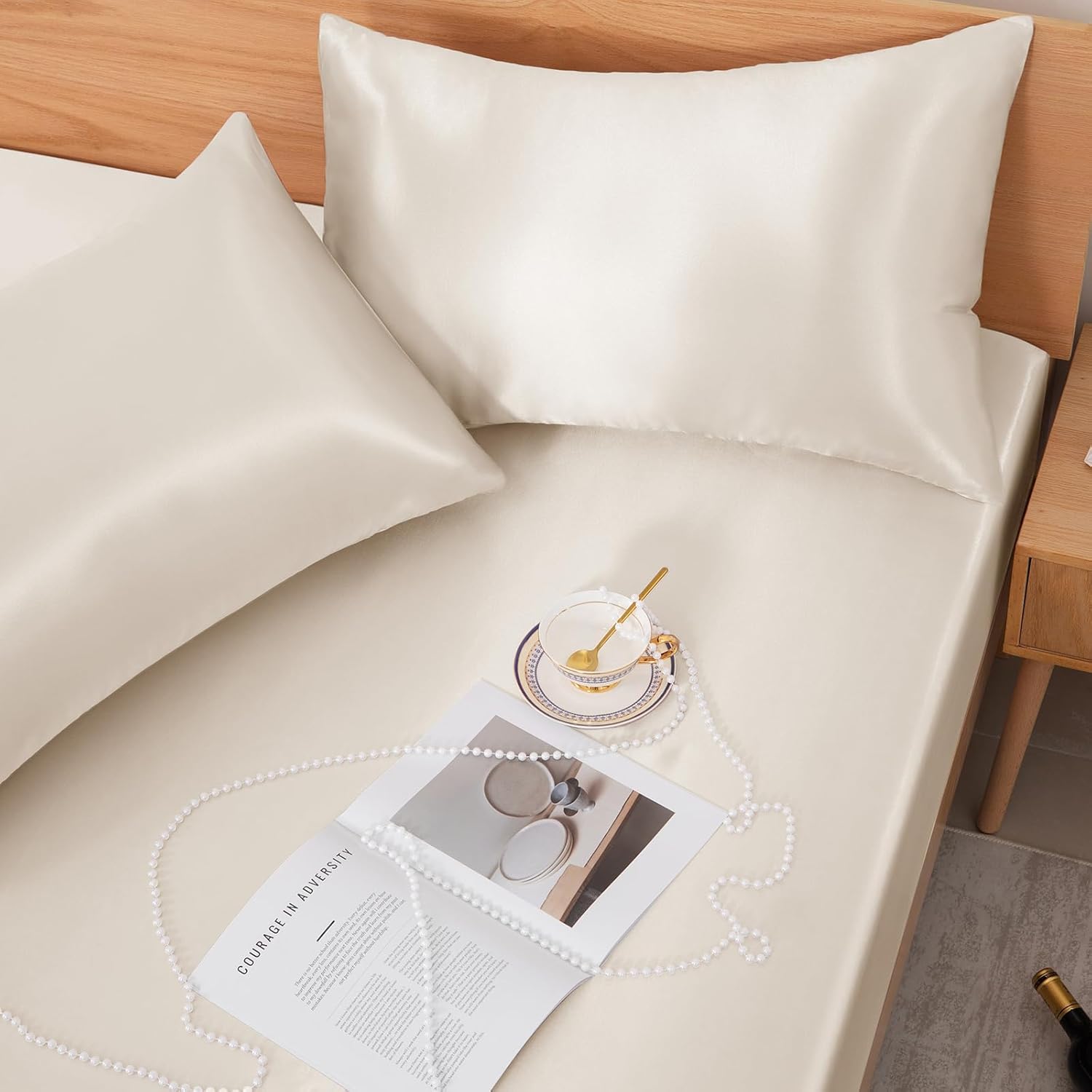NSGZ 3 Pcs Satin Fitted Sheet and Pillowcase Set, King Silky Bottom Bedsheet Fit up to 15 Inch Deep Pocket Mattress, Beige Soft Satin Bedding Includes 1 Fitted Sheet and 2 Pillowcases