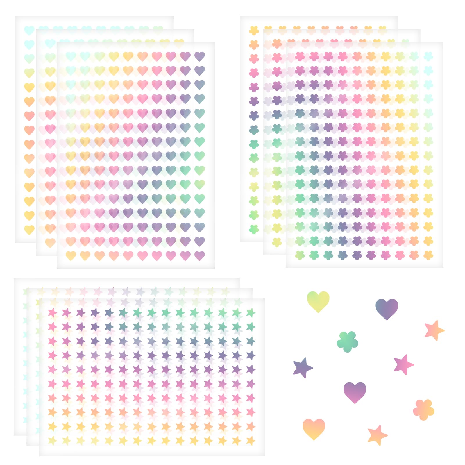 1800 Pcs Mini Holographic Star Stickers, 3 Shapes (Stars, Hearts, Petals), 0.39 Inch Sparkly Small Stickers, Perfect for Reward Charts, Classroom,