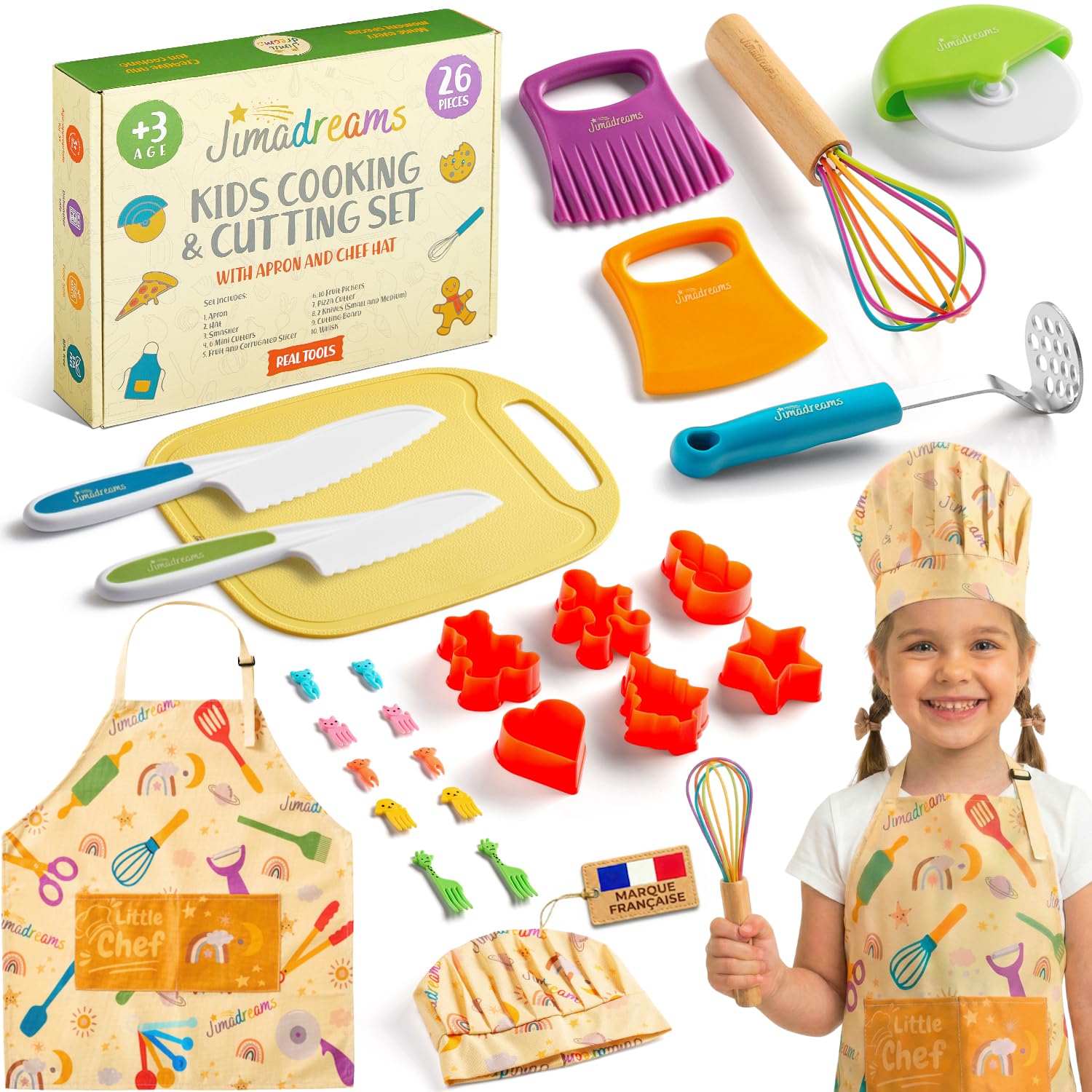 Kit Couteau Cuisine Enfant Montessori avec Tablier et Toque Ajustables - Ustensiles de Cuisine Enfant sans BPA, Set Couteaux Sécurisés, Kit Patisserie, Coffret Cadeau Petit Chef dès 3 Ans