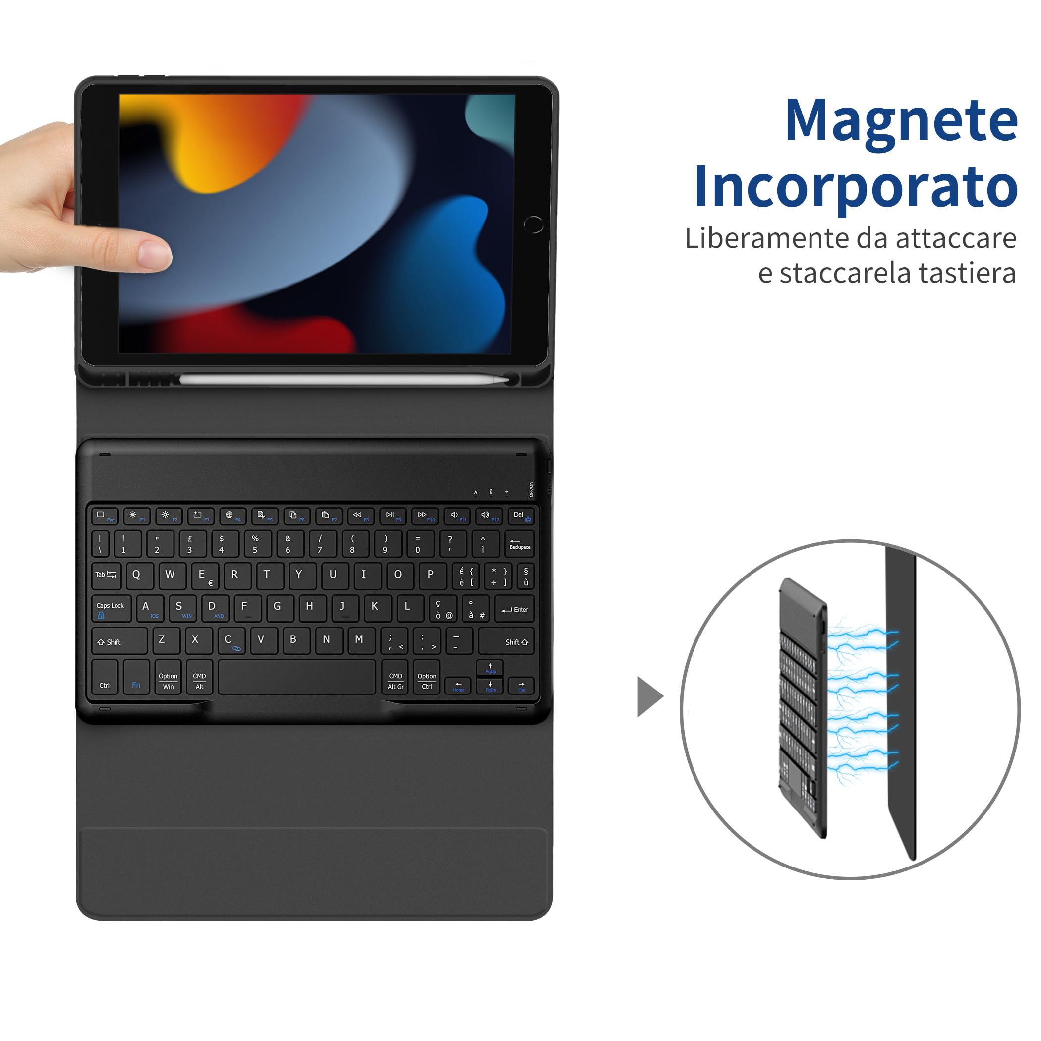 EasyAcc Cover iPad 9 Generazione con Tastiera Compatibile con iPad 10.2 Pollici 8a/7a Generazione con Pellicola Protettiva, [Italiano], Custodia Protettiva per Tastiera Rimovibile con Portapenne, Nero