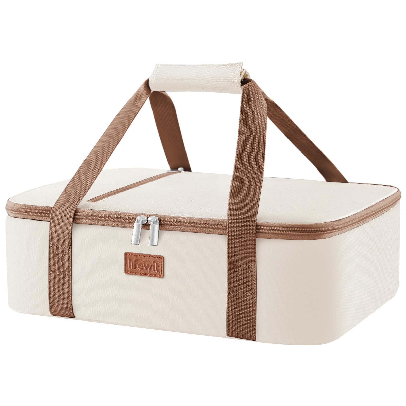Lifewit Insulated Casserole Carrier for Hot or Cold Food, Casserole Dish with Lid and Carrying Case, Lasagna Holder for Potluck Parties/Picnic/Cookouts, Fits 9"x13" Baking Dish, Beige