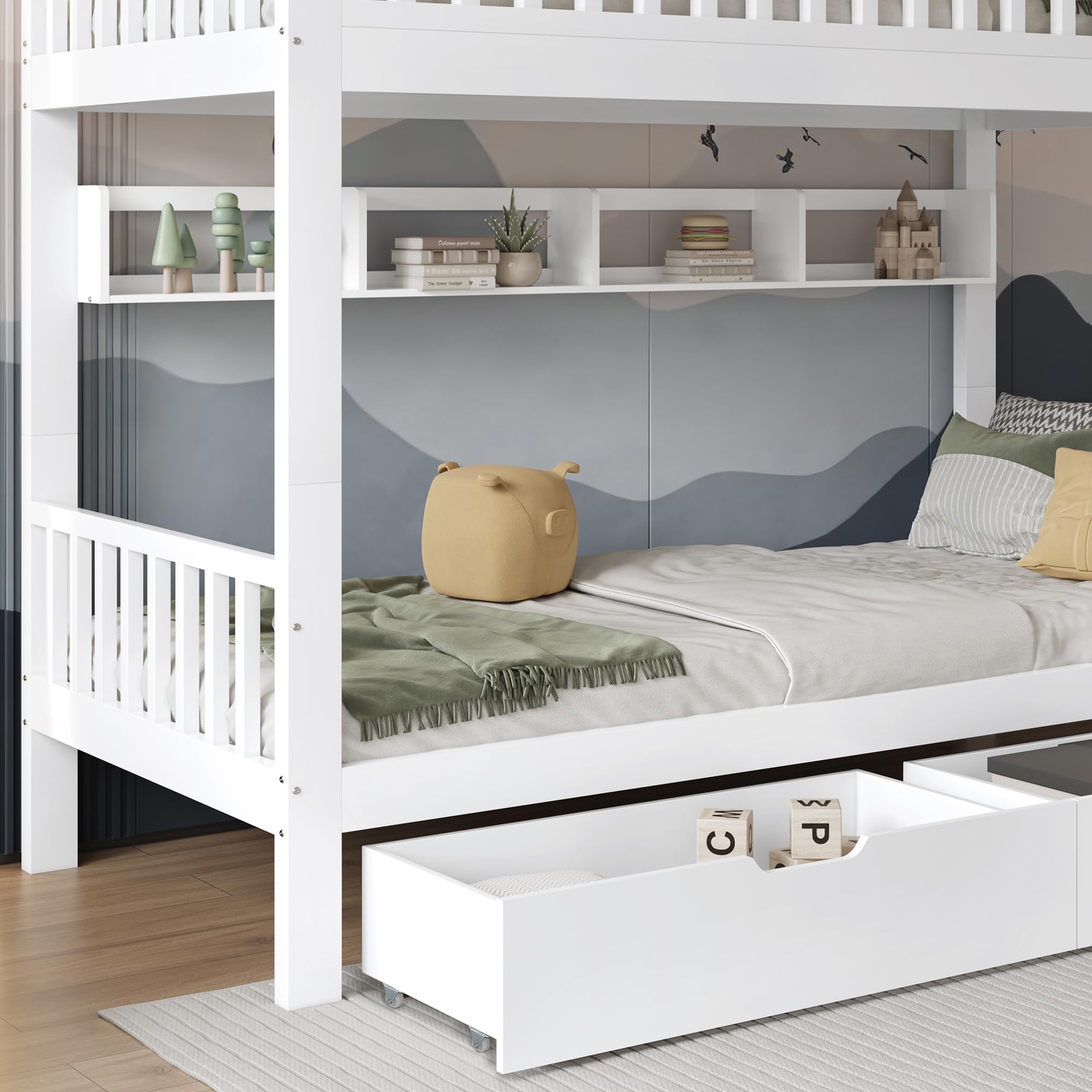 Oyemige Letto a Castello 90x200 cm, Letto per Bambini con 2 Cassetti, Letto Matrimoniale con Parapetto e Scala Ad Angolo Retto, Struttura In Pino, con Parapetto, Rete a Doghe, Bianco, Senza Materasso