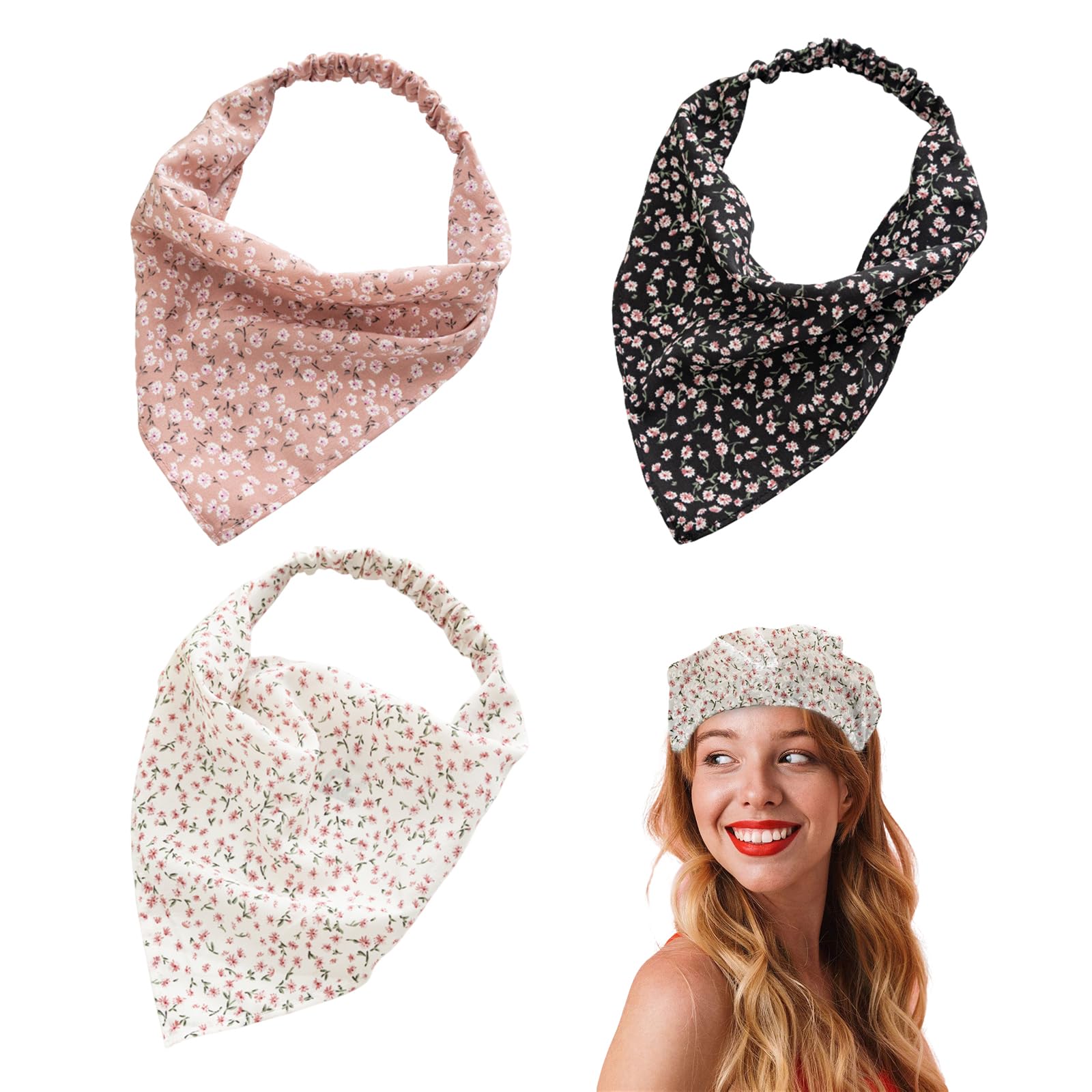 Homiladi 3 Pcs Hair Bandana, White Floral+crushed Floral+black Floral, 1 count (Pack of 3)