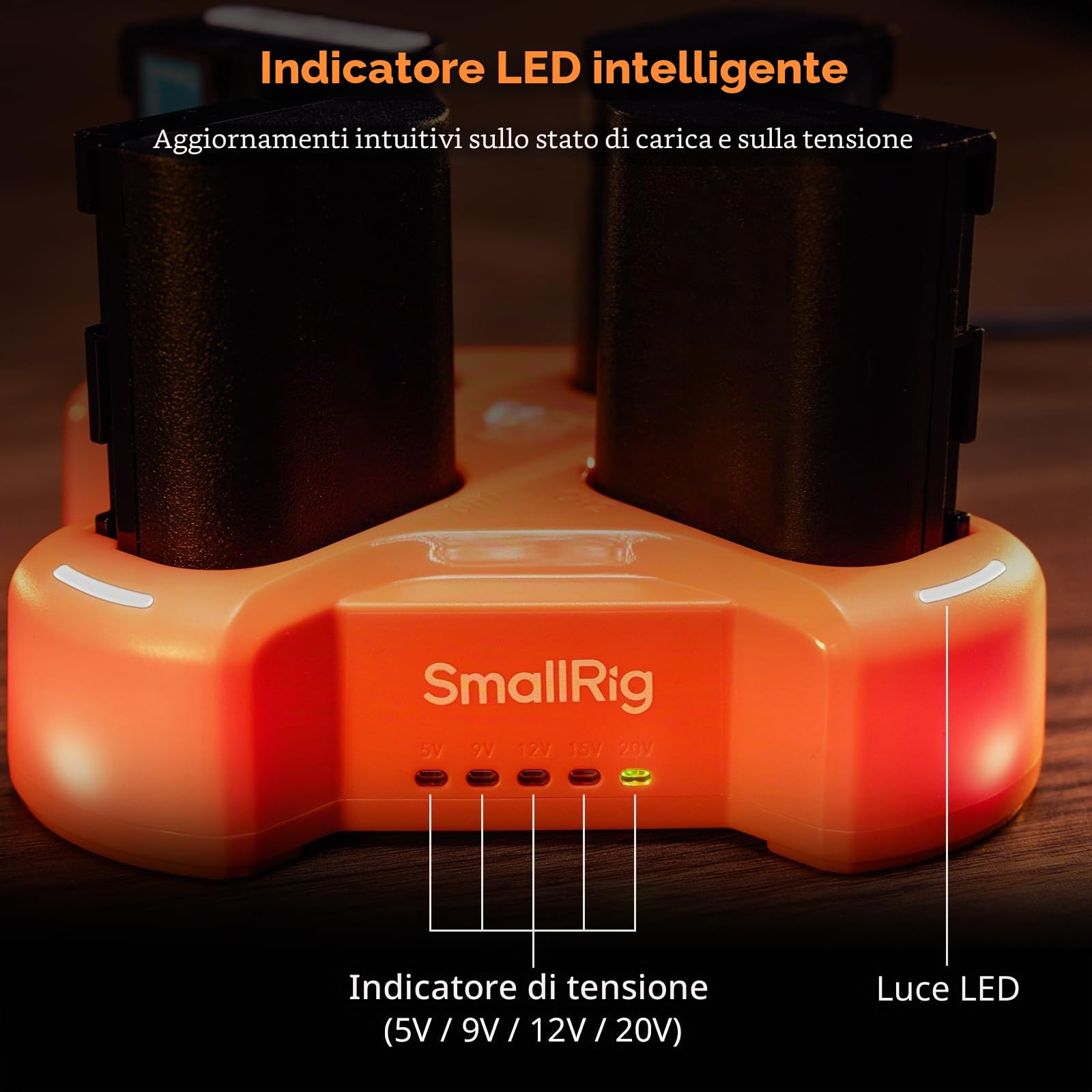 SMALLRIG LP-E6NH Caricabatterie per Fotocamera a 4 Canali, con Ricarica Rapida da 60 W, Display LED, Caricabatterie per Fotocamera Compatto a 4 Canali per Canon LP-E6NH Batteria, Arancia - 4838