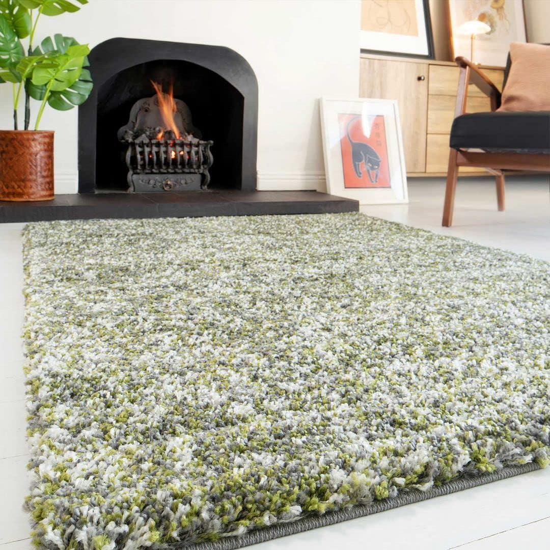 Luxury Thick Stripe Green Grey Shaggy Living Room Area Rug Hygge Super