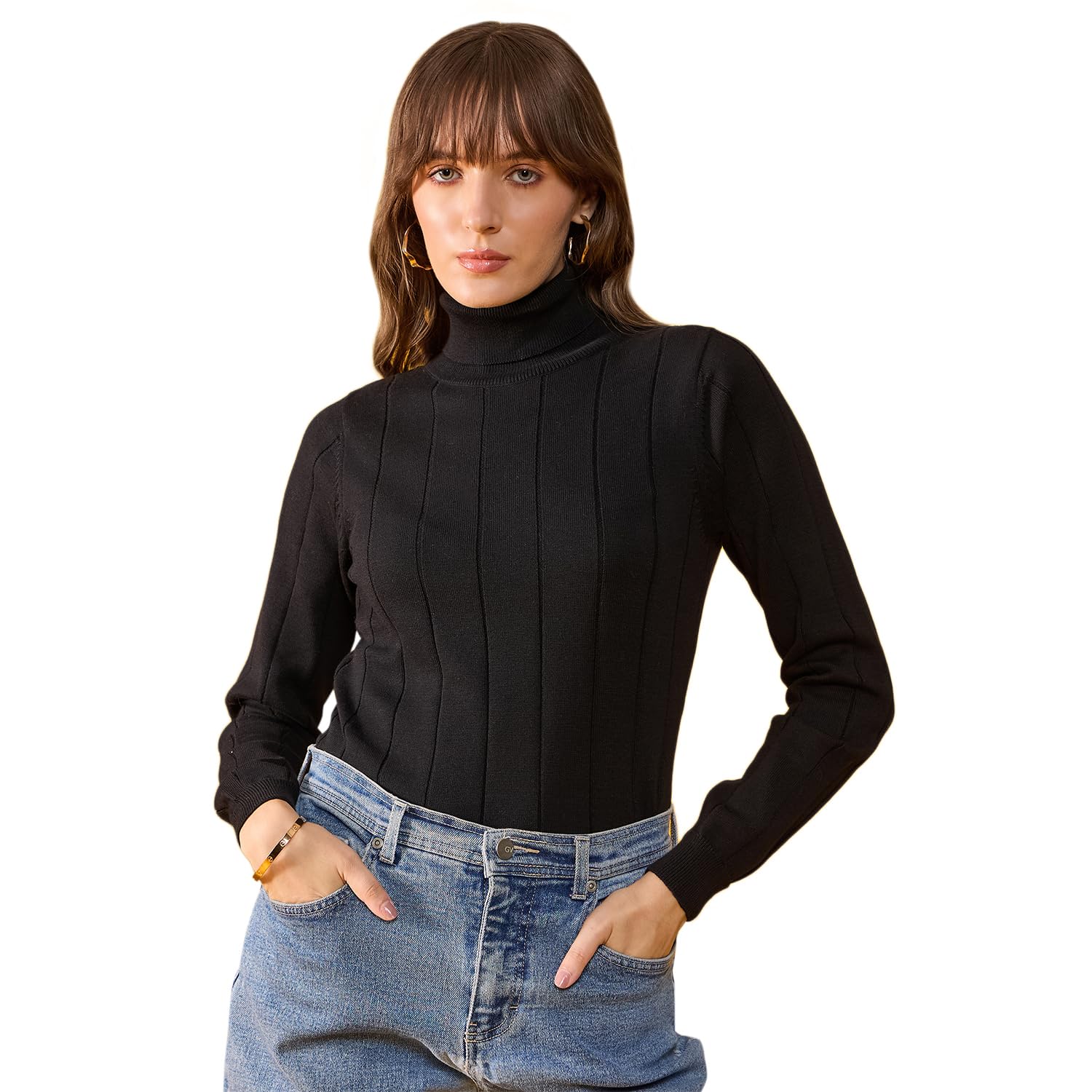 98 Degree Women Pure Cotton Turtle Neck Sweater Has A Full Sleeve & Straight Hem-AW25AZG1101-BLACK 98 Degree Women Pure Cotton Turtle Neck Sweater Has A Full Sleeve & Straight Hem-AW25AZG1101-BLACK