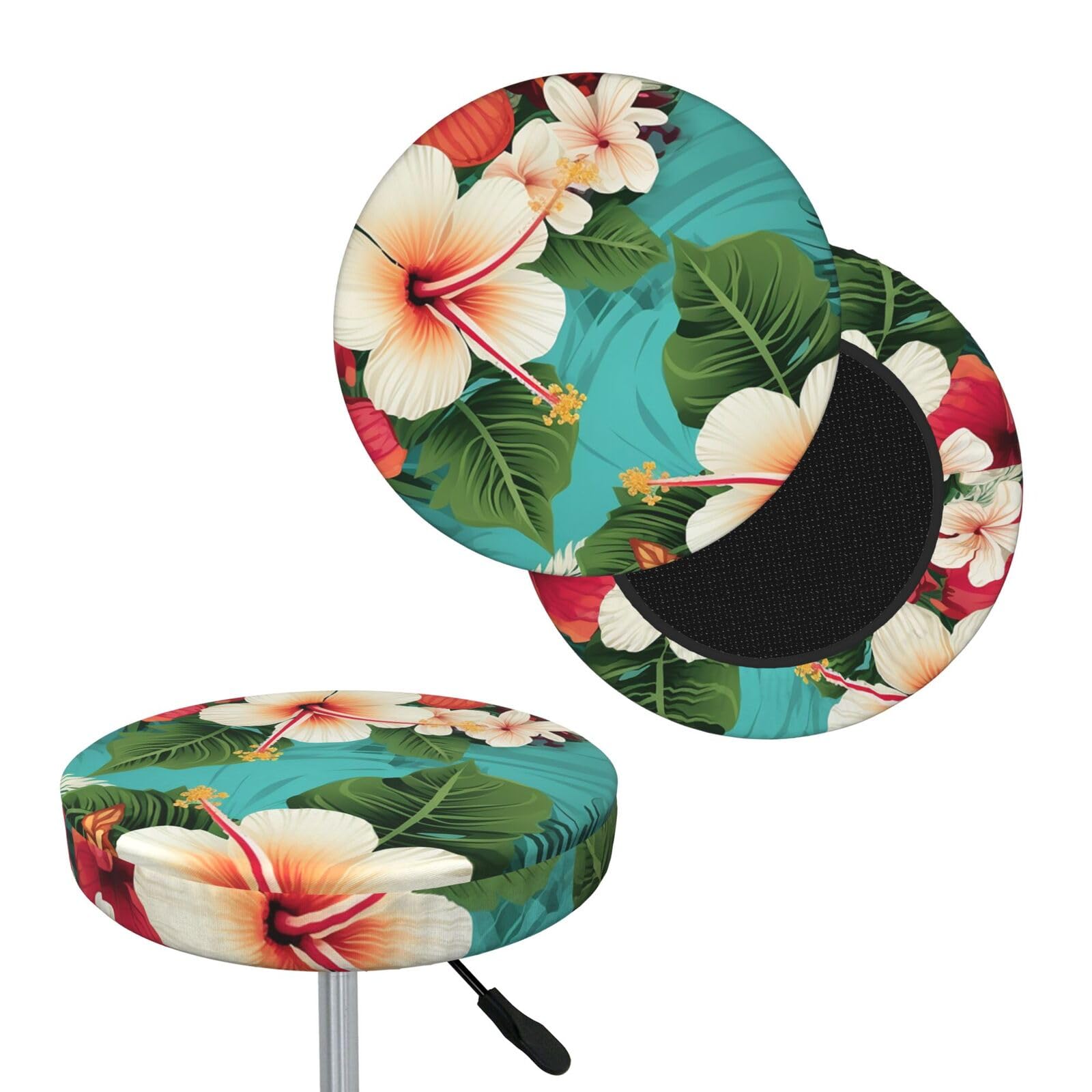 FekiLoot Hawaiian Flowers On Green Background Round Bar Stool Covers Stretch Washable Bar Stool Covers Dustproof Slipcover Bar Chair Covers with Elastic Band for Bar Kitchen Living Room Decor 14 Inch
