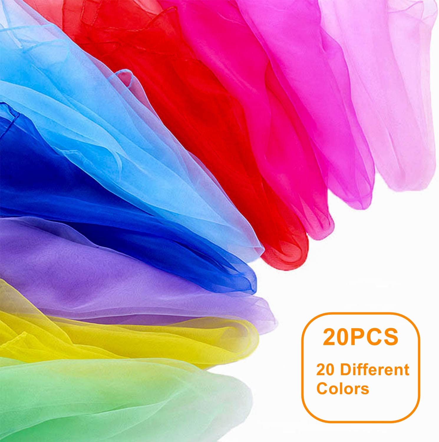 Wonwood_direct 20 sztuk kwadratowych ręczników do żonglerki, tańca, kolorowe chusty szyfonowe, w 20 kolorach, 60 x 60 cm, do przedszkola, na imprezę, akcesoria, dekoracja, 20 sztuk