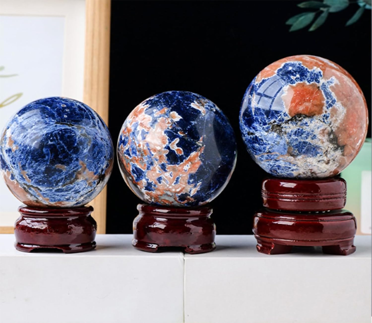 Home Decoration Crystal Ball Blue Sodalite Stone Sun Stone Symbiotic Crystal Ball Witchcraft Home Decor Feng Shui Gifts,5.5~6cm
