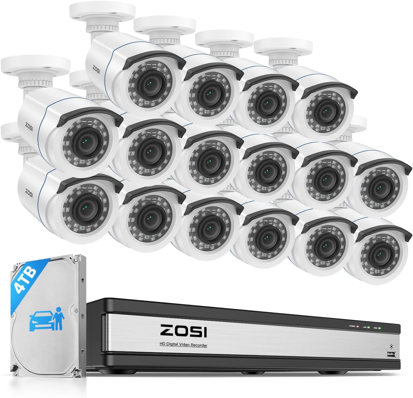 H.265+ 16CH Security Camera System with AI Human Vehicle Detection, 16CH DVR with 4TB HDD for 7/24 Record, 16 x 1080p CCTV Camera Outdoor Indoor with 80ft Night Vision, 90°Wide Angle