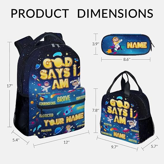 Kids Backpack, 3Pcs Personalized Boys Backpack Set with Planet, 17 Toddler Bookbag for Preschool Kindergarten Elementary, God Says I Am School Bag with Lunch Box