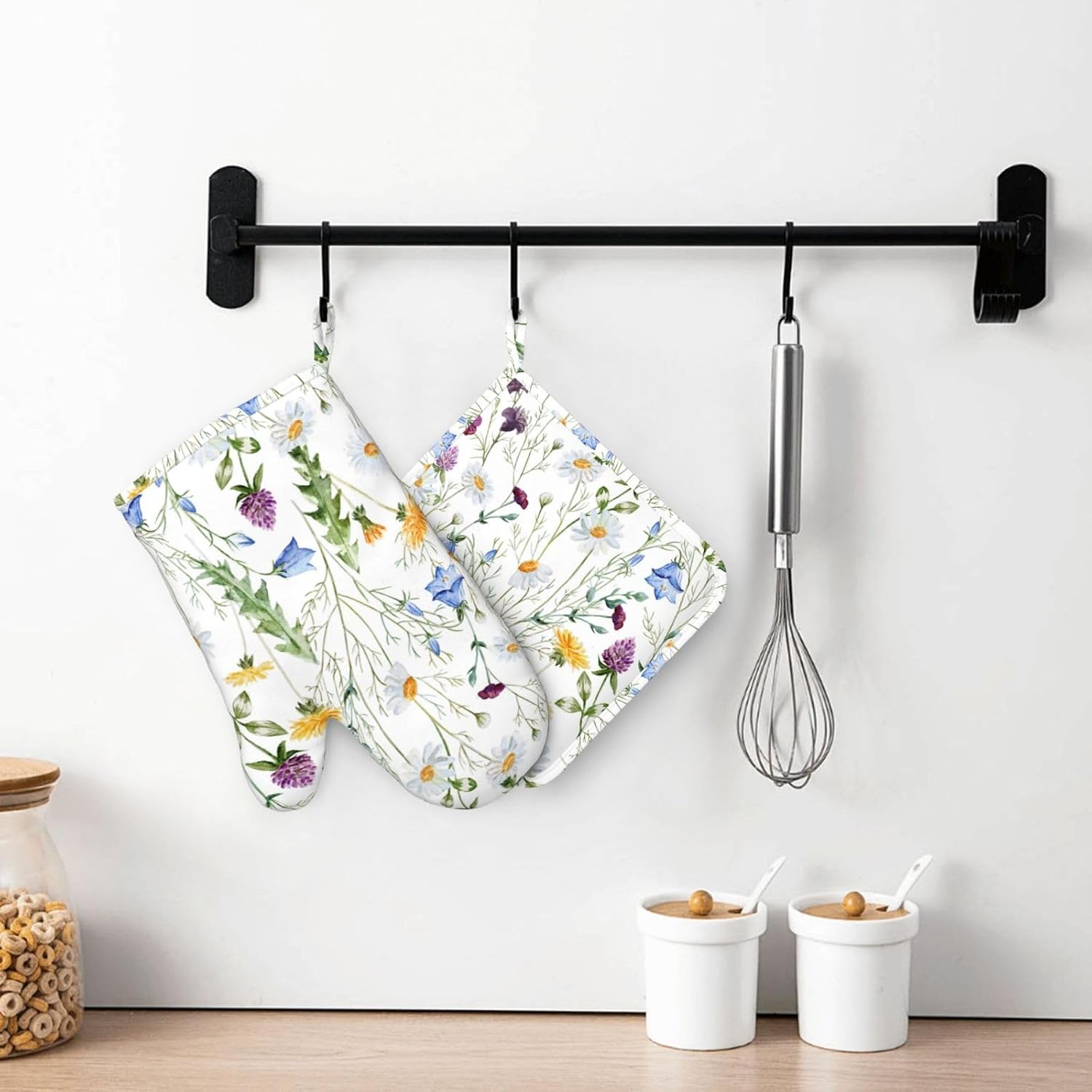 Watercolor Wildflowers Oven Mitts Pot Holders Set Silicone Watercolor Wildflowers Kitchen Gloves Potholders Non-Slip Heat Resistant for Chef Baking Cooking Grilling BBQ 4 pcs Kitchen Mitts