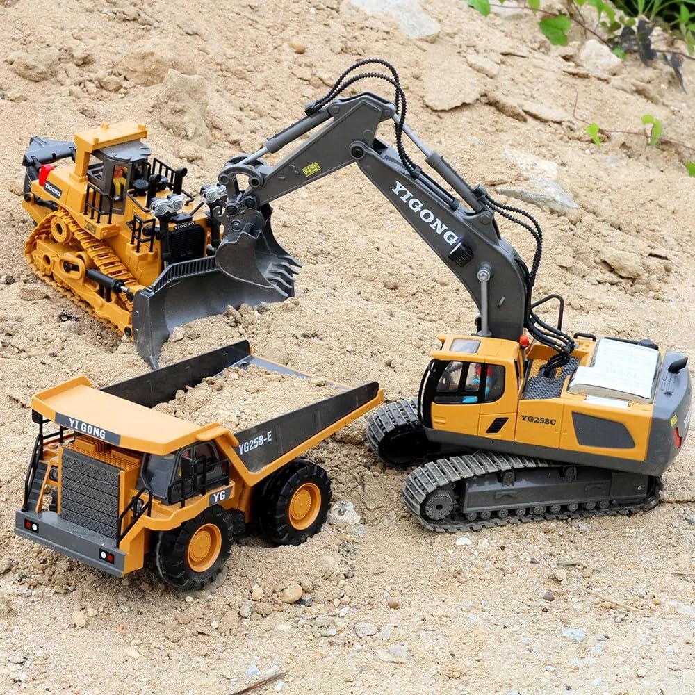 Generico Escavatore Telecomandato Bambini con Pala in Metallo – 11 Canali, Luci e Suoni Realistici, Giocattolo Cantiere RC Resistente – Regalo per Bambini 6 7 8 9 10 Anni - Giallo