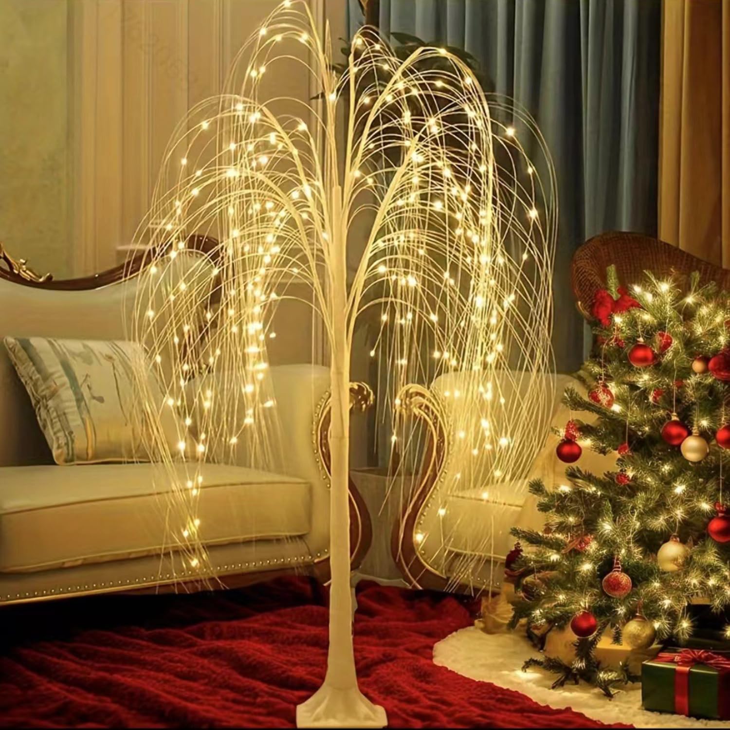 Białe drzewko LED 150 cm, sztuczna choinka bożonarodzeniowa z oświetleniem, 216 lampek LED, lampki Willow Tree Lights z kablem USB, dekoracje świąteczne LED drzewko białe-ciepłe do wnętrz,180cm
