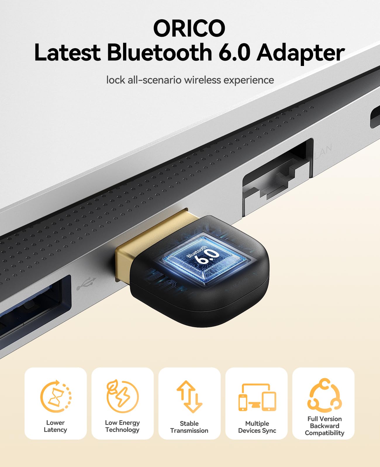 ORICO USB Bluetooth Adaptador – Alcance 30m, Velocidad 3Mbps, Dongle Bluetooth 6.0 EDR & BLE, Compatible Windows 8.1/10/11, para Auriculares, teclados, Ratones, Altavoces, impresoras (BTA-60)