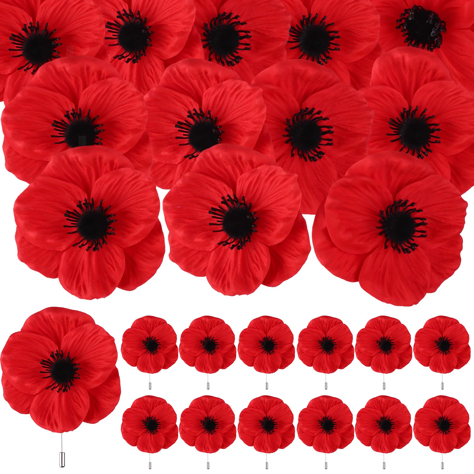 JiaUfmi32 Pcs Memorial Day Red Black Poppy Artificial Flower Brooch Pin Bulk Lest We Forget Fake Flower Head Gifts for Women Men Hero Veteran Remembrance Day