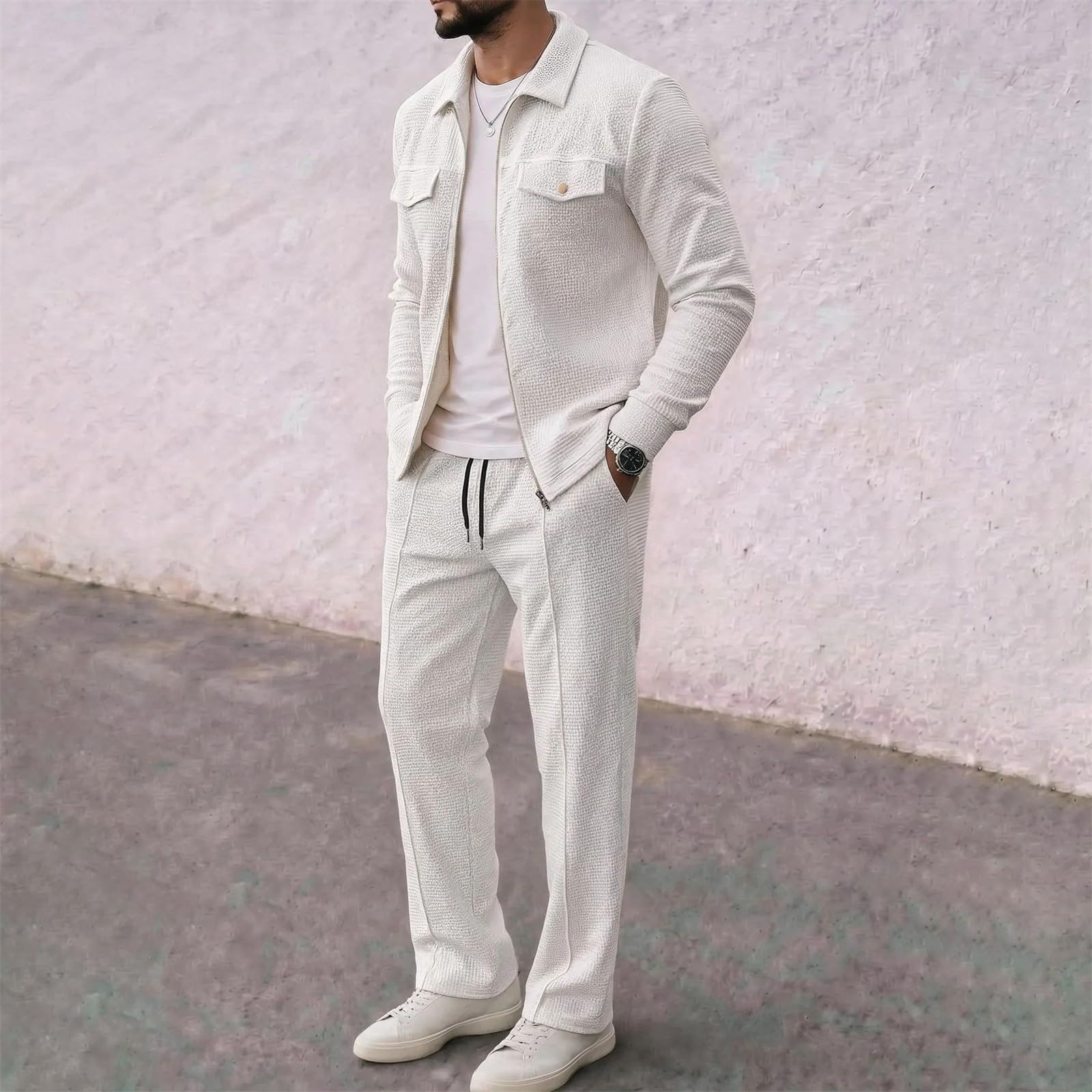 Uomo Tute Waffle 2 Pezzi Manica Lunga Cerniera Giacca & Pantaloni | Tuta Per Il Tempo Libero Sport Uomo Casual Giacca da Golf Pantaloni Jogging Tasca Set Casa Lavoro