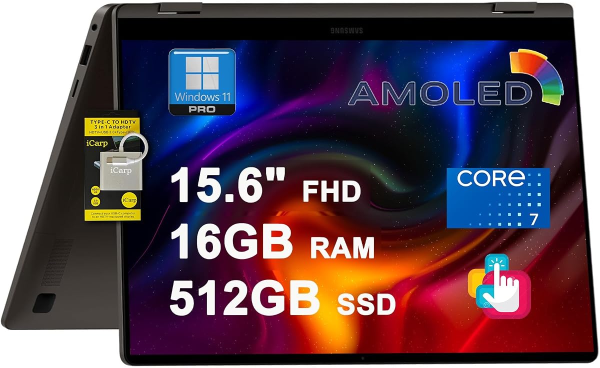 Galaxy Book4 360 2-in-1 Laptop 15.6" FHD AMOLED Touchscreen Intel 10-core Core 7 150U (Beats i7-1355U) 16GB DDR5 512GB SSD Backlit Fingerprint Thunderbolt Wi-Fi6E FHD Camera Win11Pro ICP Hub