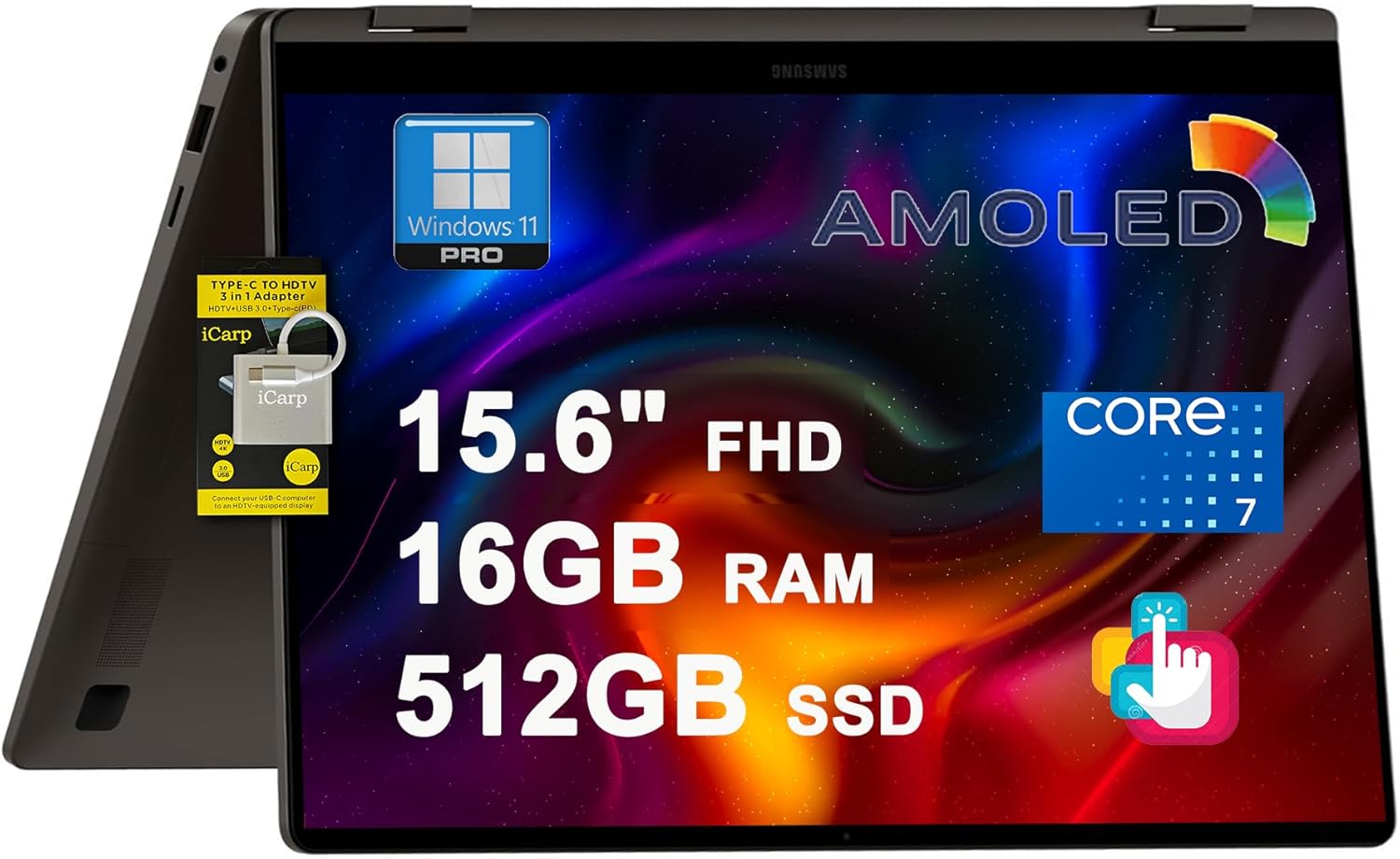 SAMSUNG Galaxy Book4 360 2-in-1 Laptop 15.6" FHD AMOLED Touchscreen Intel 10-core Core 7 150U (Beats i7-1355U) 16GB DDR5 512GB SSD Backlit Fingerprint Thunderbolt Wi-Fi6E FHD Camera Win11Pro ICP Hub