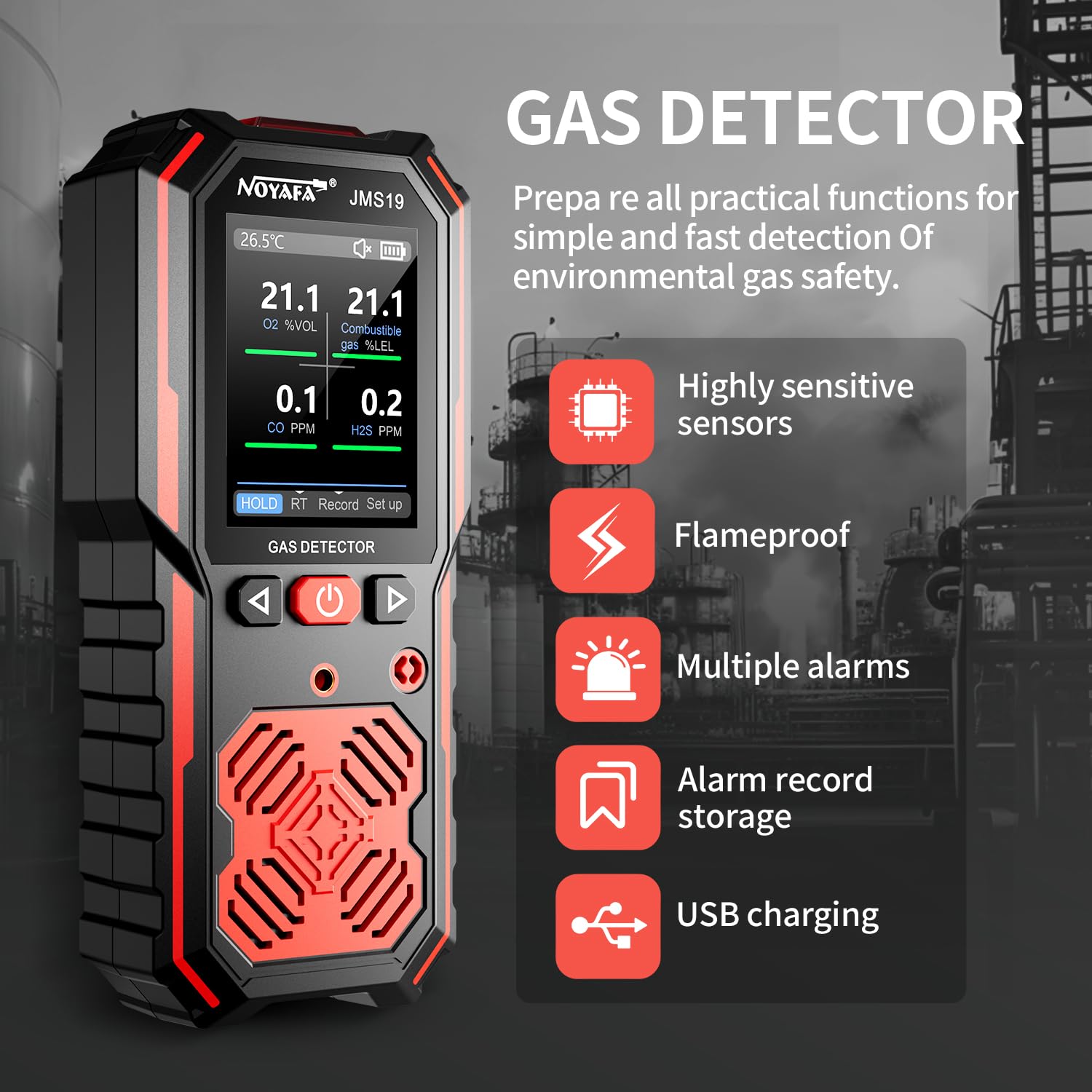 NOYAFA JMS19 Detector de gas, 4 monitores de gas para H2S, CO, LEL y O2, con alarmas de vibración, visuales y audibles, batería de 15 horas de duración, seguridad a prueba de explosiones, para el