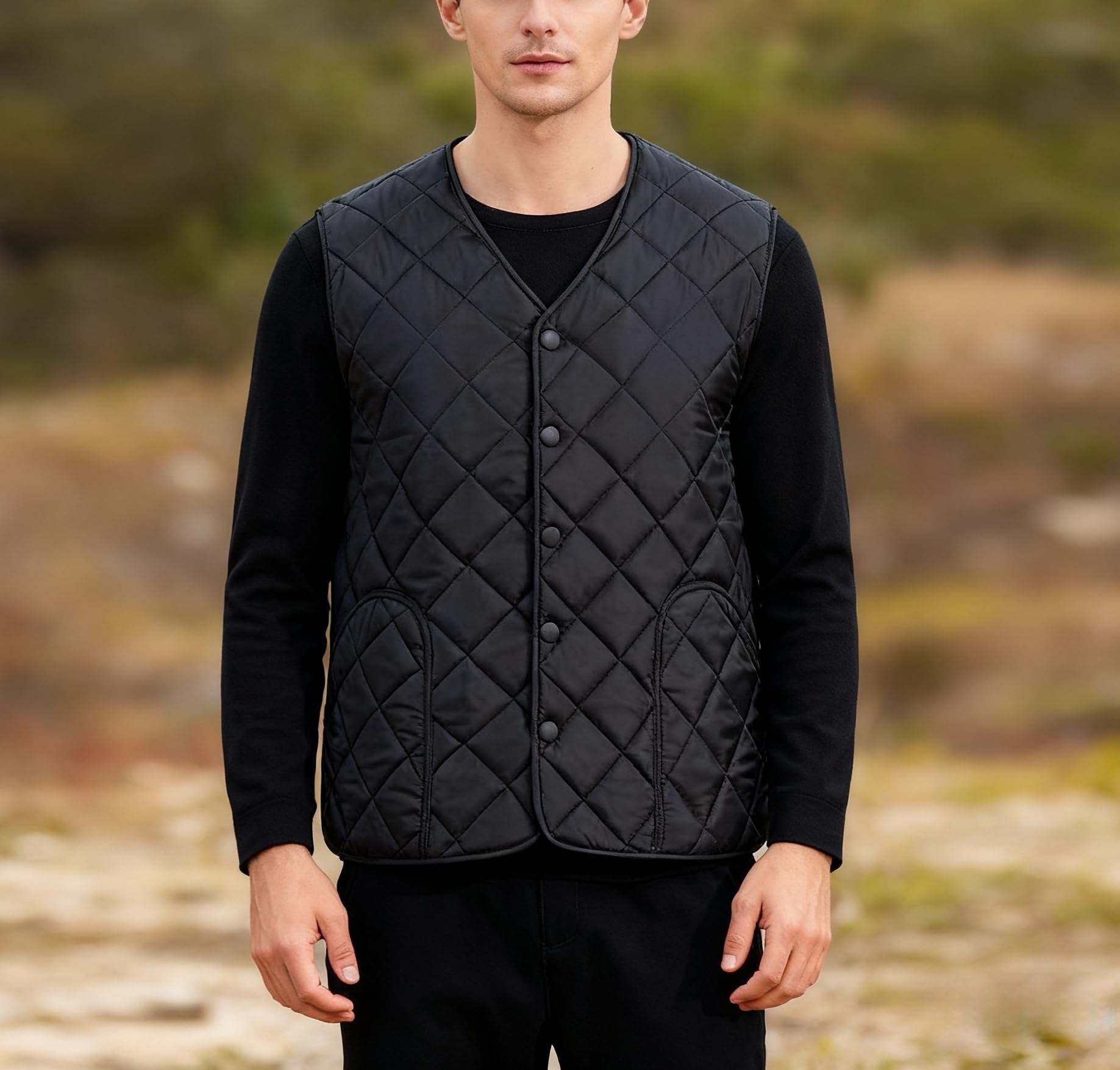 Smanicato Uomo,Gilet Invernale In Pile Caldo Da Uomo, Stile Casual, Senza Maniche, Con Scollo A V E Bottoni, Leggero, Imbottito E Trapuntato A Rombi, Con Tasche