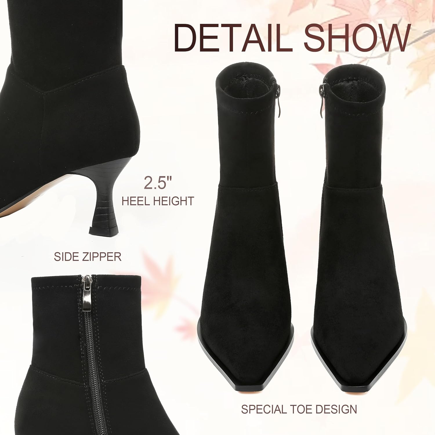 Womens Brown Suede Fall Boots with Side Zip, Ankle, Mid Calf, Pointed Toe, Kitten Heel, Dressy, Short Boots - Image 4