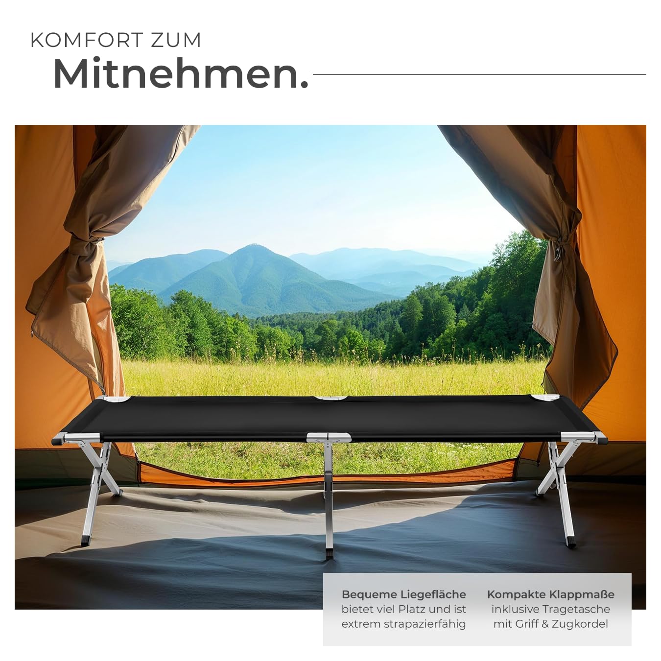 tectake® XL Alu Feldbett klappbar mit Transporttasche, Campingbett, Campingliege faltbar leicht, Camping Bett belastbar bis 150 kg, Zeltbett, Camping Bed, Feldbett, 190 x 70 x 45 cm - schwarz, 2er Set