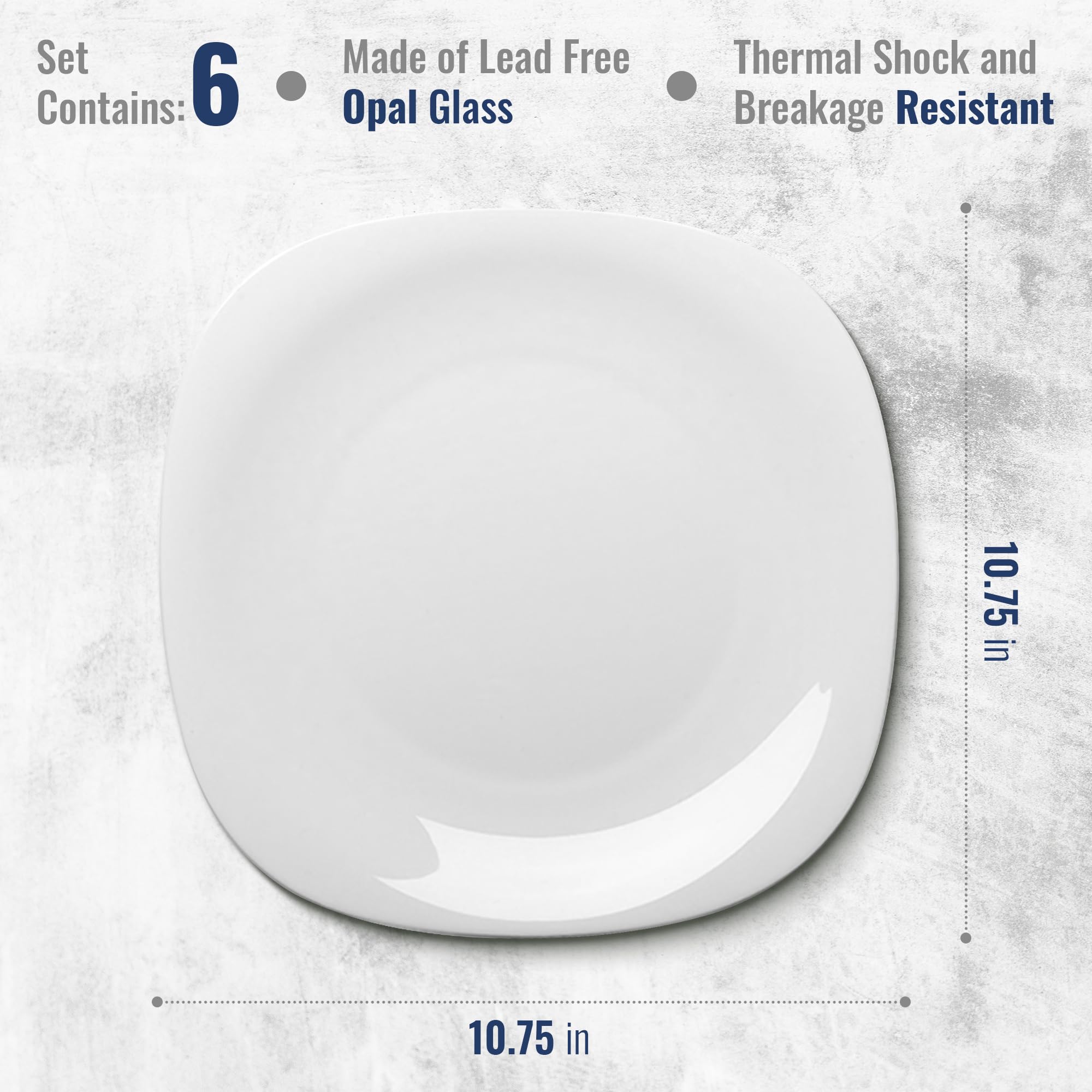 Bormioli Rocco Parma Set Of 6 dinner plates, 10.75 Inch Tempered Opal Glass, Clean White, Linear & Curved Design, Dishwasher Safe, Made In Spain.