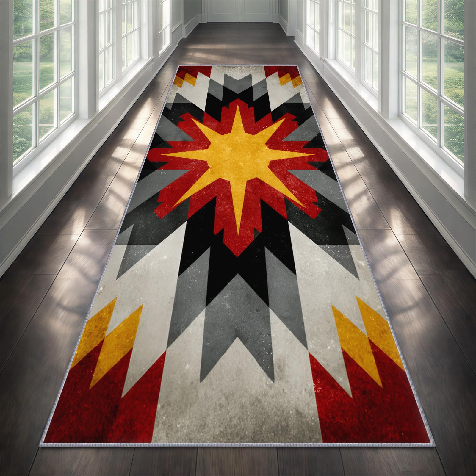 YEMYOR Aztec Runner Rug for Hallway, Southwestern Native American Tribal Carpet Runner 120x360cm, Southwestern Ethnic Vintage Long Hall Carpet, Machine Washable, for Laundry Room Entryway Bedroom