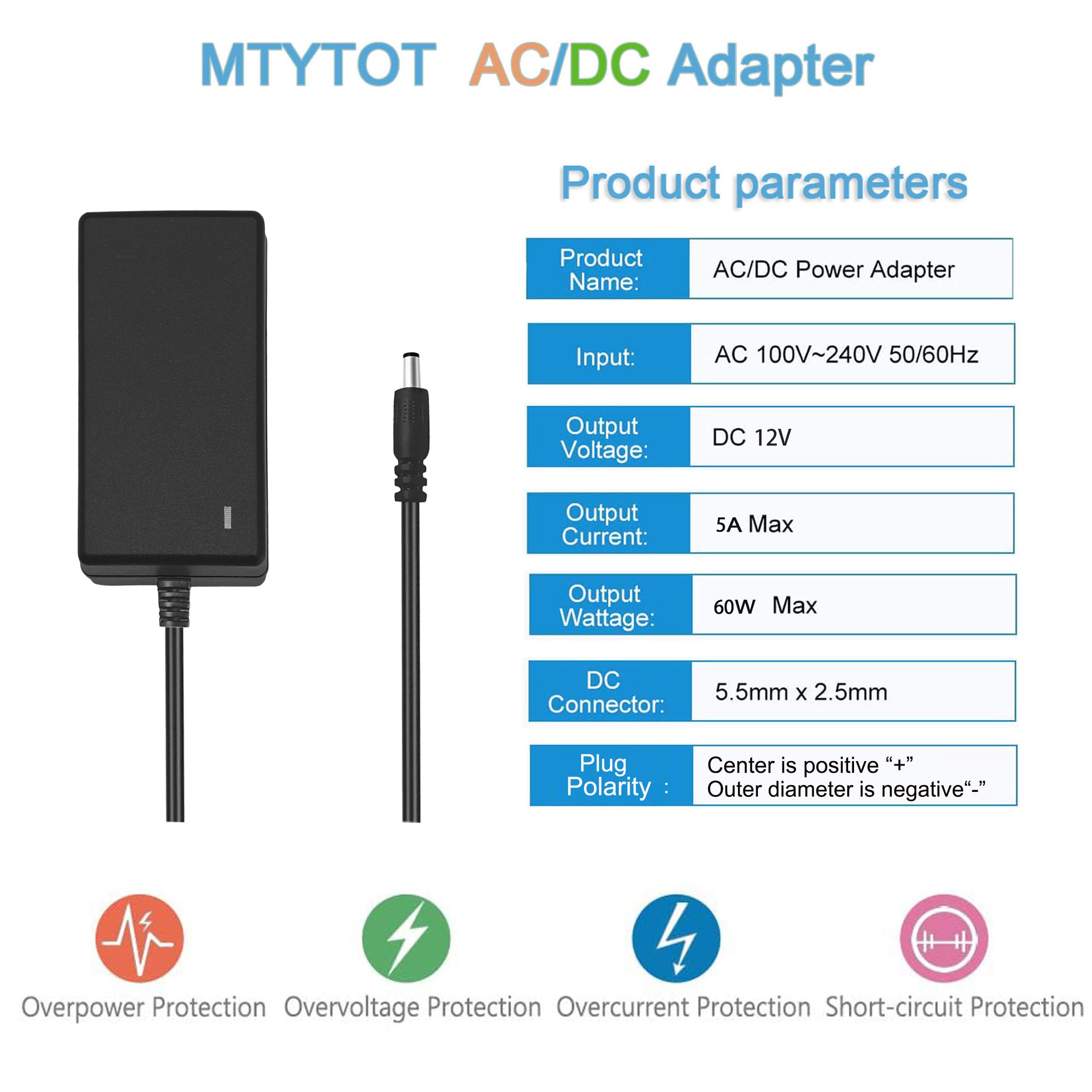 12Volt 5A Power Supply Adapter AC 110-240V to DC Converter 12 Volt 5 Amp 3.5A 3A Power Adapter Supply AC/DC Transformer with 5.5mm x 2.5mm Compatible with 5.5x2.1mm DC Output Wall Adapter