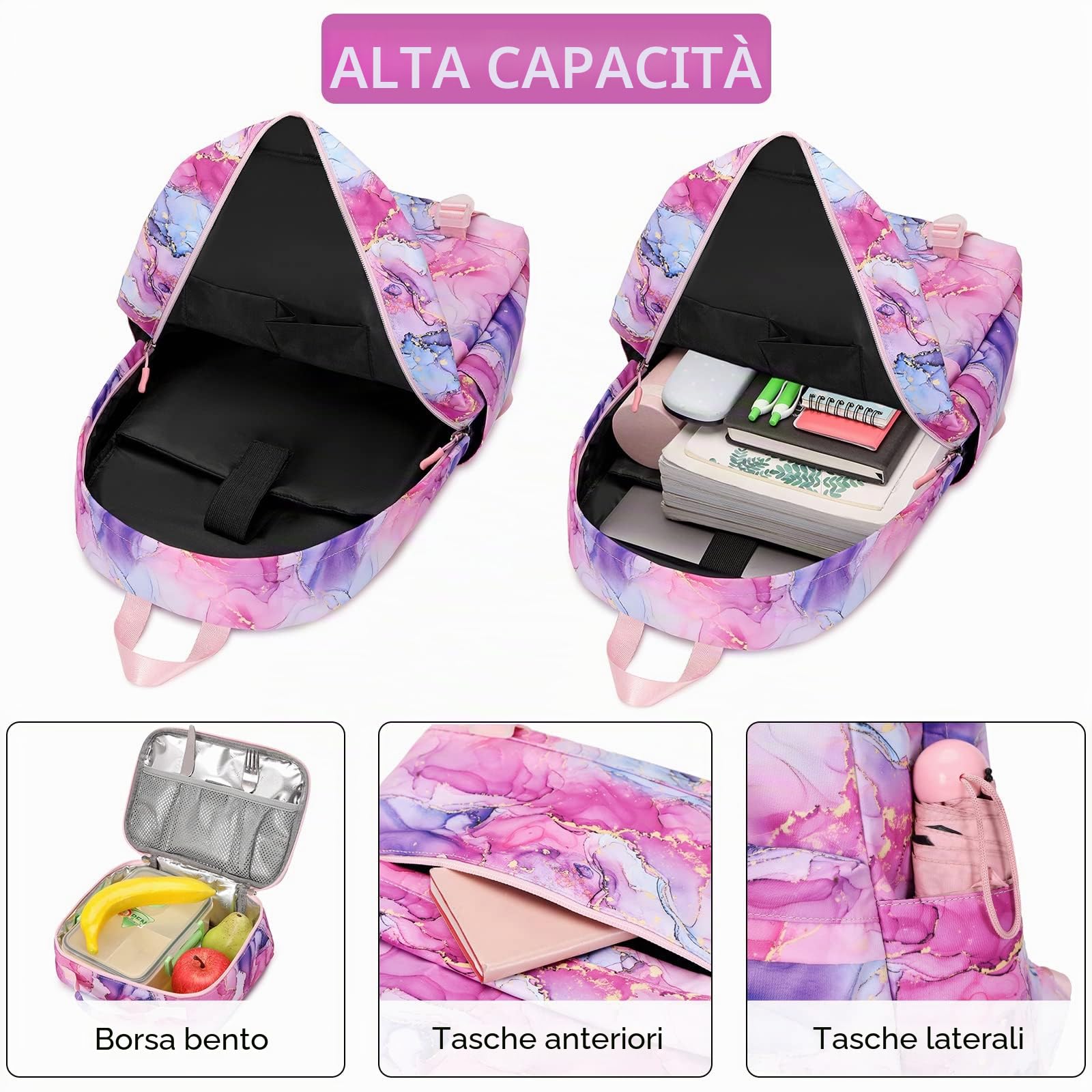 Zaini Casual Ragazze Zaino con Borsa Bento 2 Set di pezzi Zainetto per Universitari Moda Daypack Donna Impermeabile Zainetto Borse Viaggio in Zaino Borsa da Scuola Casual Zaino Viola