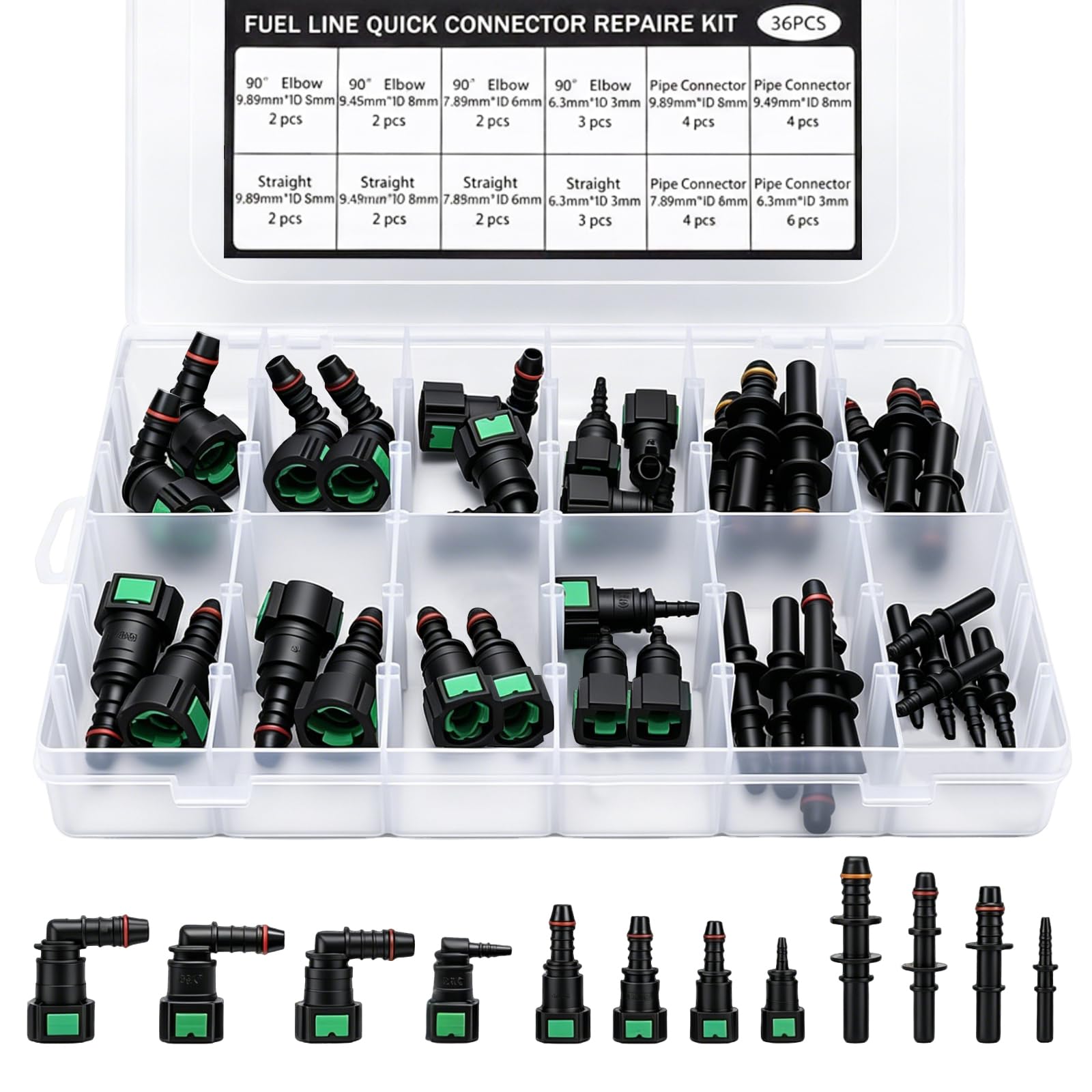 Kraftstoffleitung Reparaturset & Benzinleitung Set, Schnellverschluss Kraftstoffleitungsverbinder für Auto, Motorrad, Boot – Benzinschlauch Set mit SAE 9.89/9.49/7.89/6.3mm, gerade & 90° Winkel