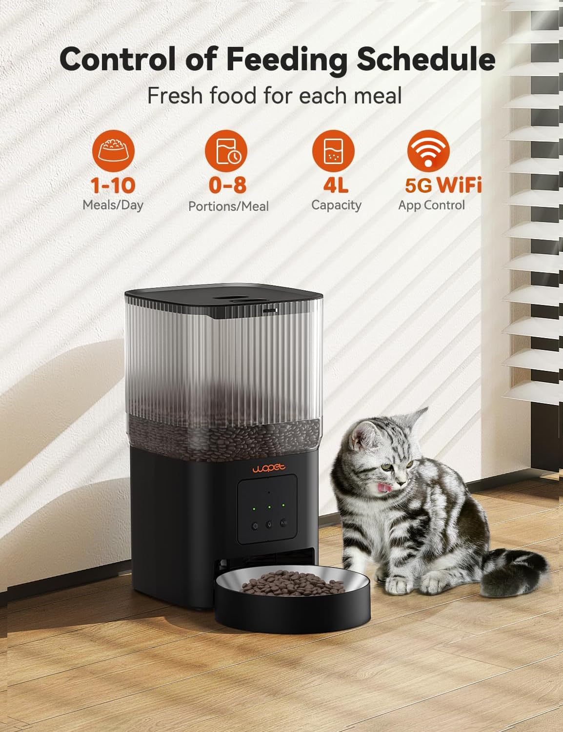 WOPET Automatic Cat Feeder, 5G WiFi Smart Pet Feeder for Dogs and Cats with APP Control, Low Food Sensor, 10s Voice Recorder, Up to 10 Meals Daily, Dual Power Supply, Timed Dog Food Dispenser - image 2