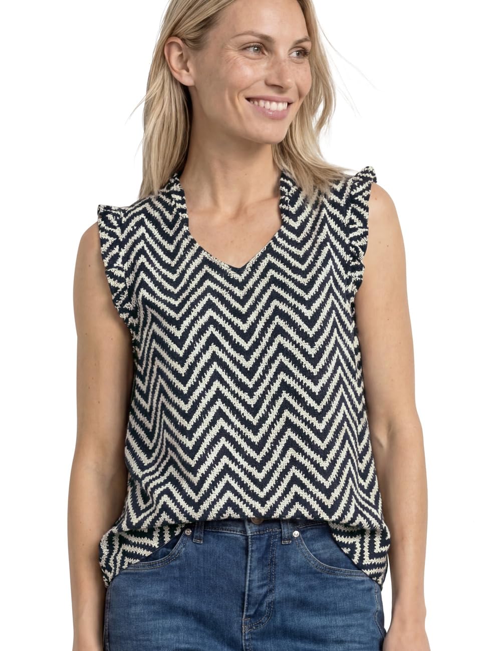 Street One Blouse Top with V-Neck and Ruffles Deep Blue 46
