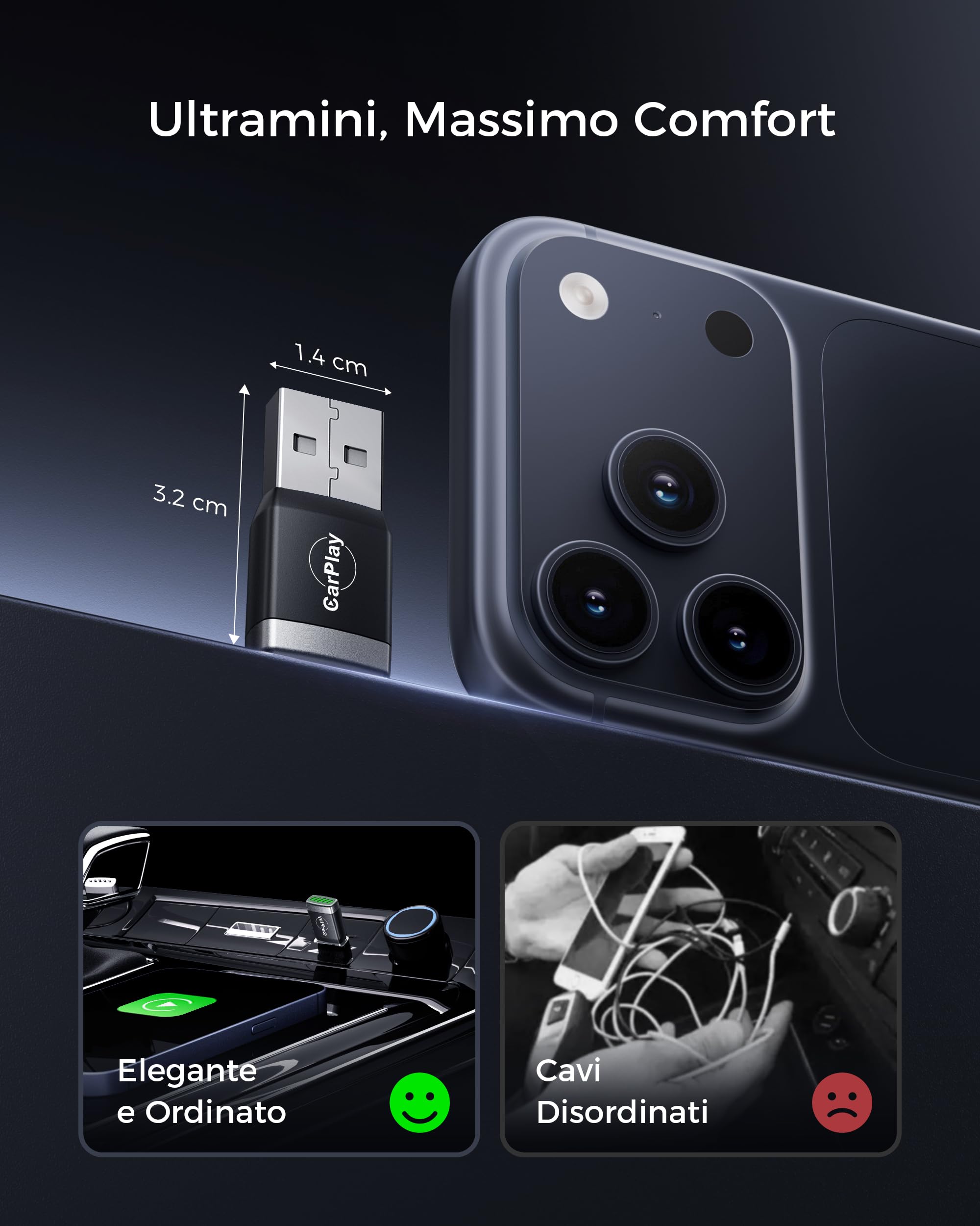 Mini Adattatore CarPlay Wireless con Navigatore GPS per Auto