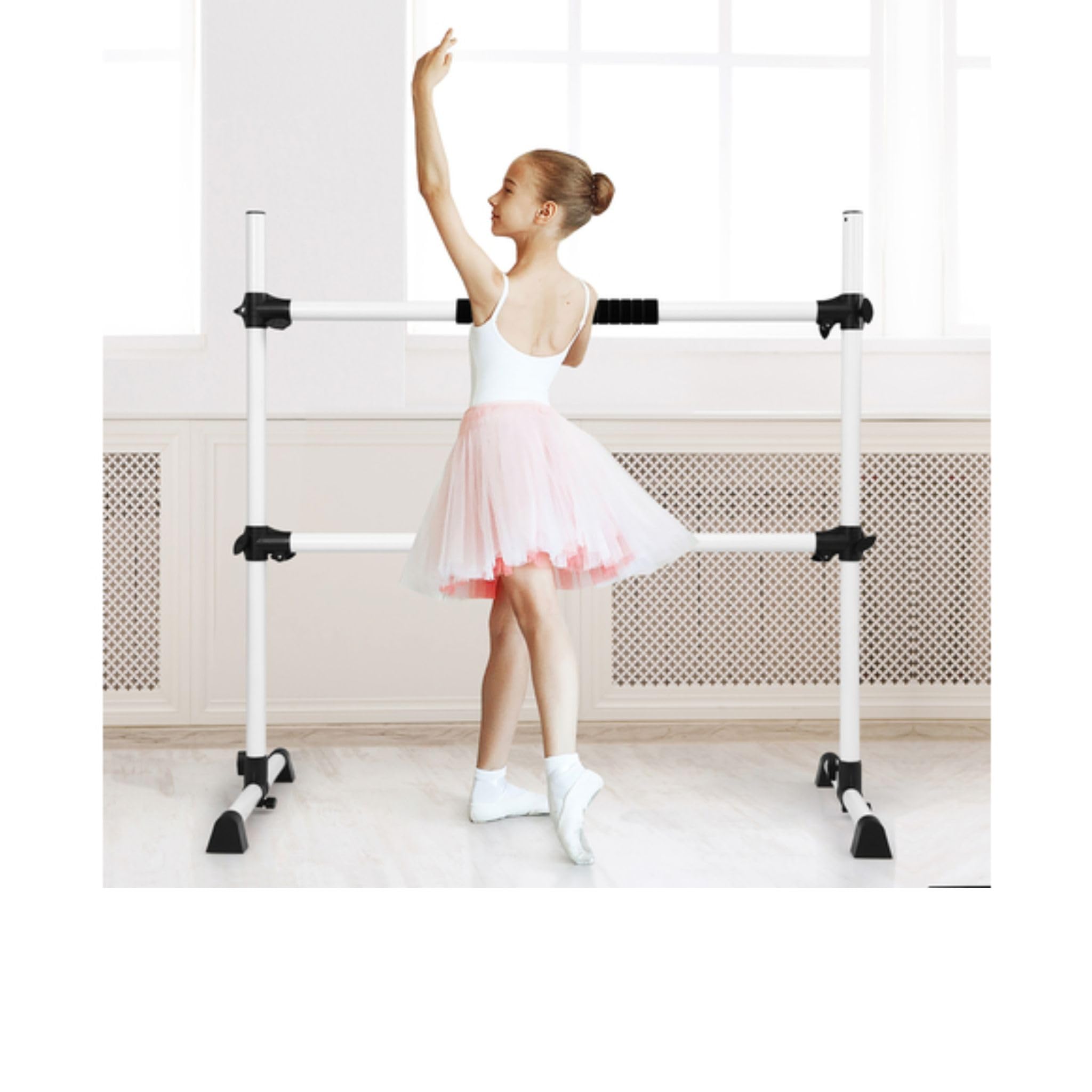 Cannons UK Barra elástica portátil independiente para ballet, altura ajustable, 115 cm de largo, 132 cm de alto, color blanco