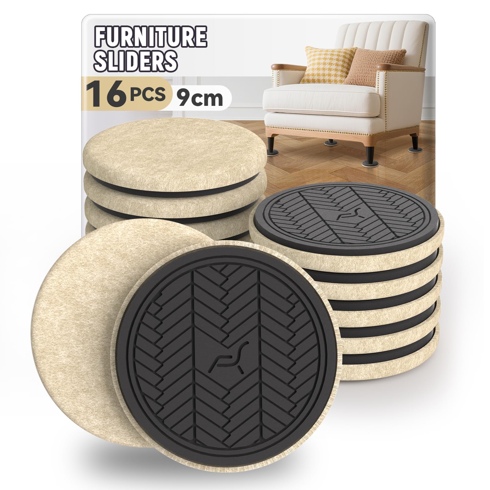Set 16 Feltrini Autoadesivi Per Mobili – 50x50 Mm, Spessore 8 Mm, EVA E Plastica, Antigraffio E Antirumore, Beige