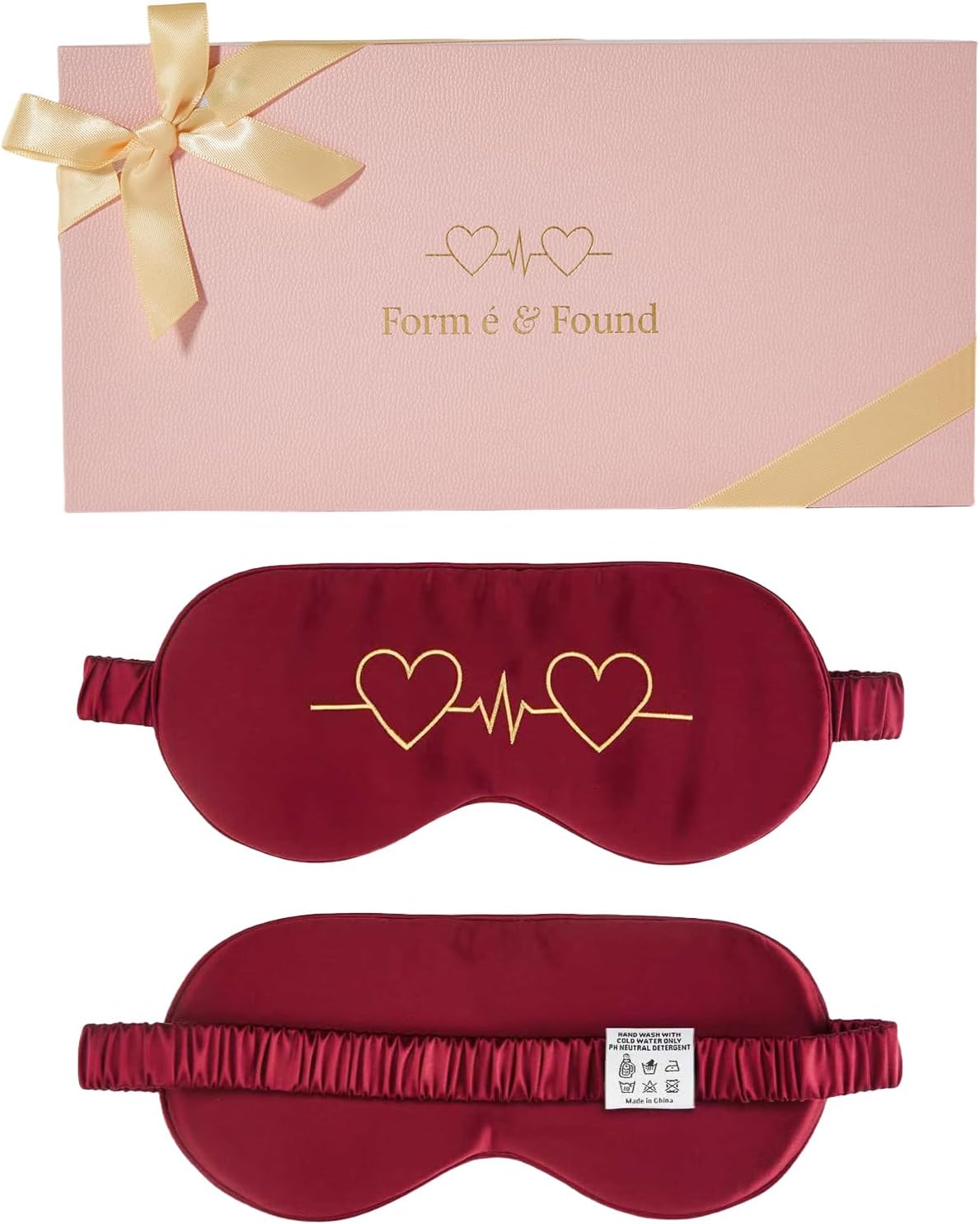 Formé & Found Beating Hearts Silk Sleep Mask, 100% 6A Mulberry Silk Eye Mask for Sleeping, 22 Momme Lightness Sleep Mask for Men & Women, Gold Embroidery, Blackout Sleeping Mask (Claret)