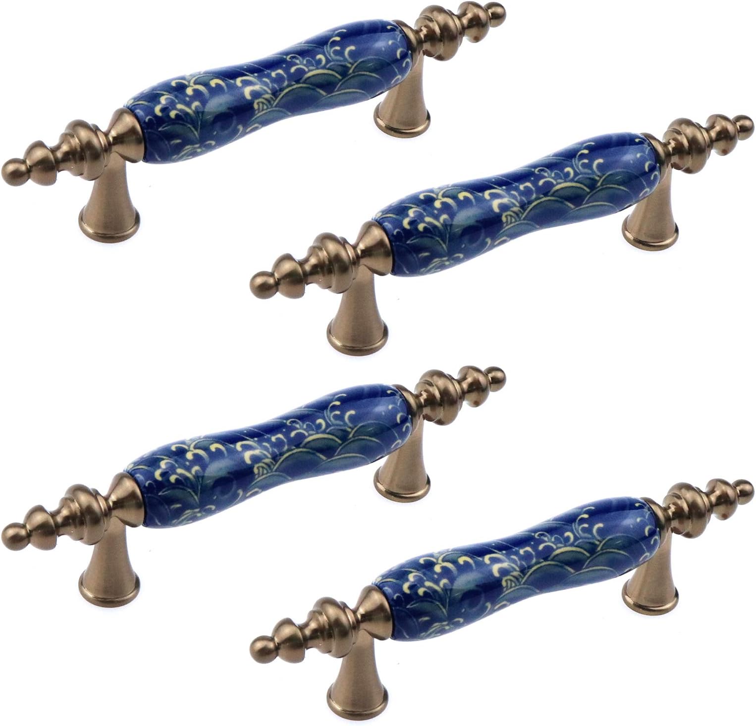 MY MIRONEY Ceramic Cabinet Pulls - Chinese Style Decorative Handles - Antique Bronze Drawer Knobs for Kitchen, Dresser, Cupboard, Door (3" Hole Center, 4 Pack)