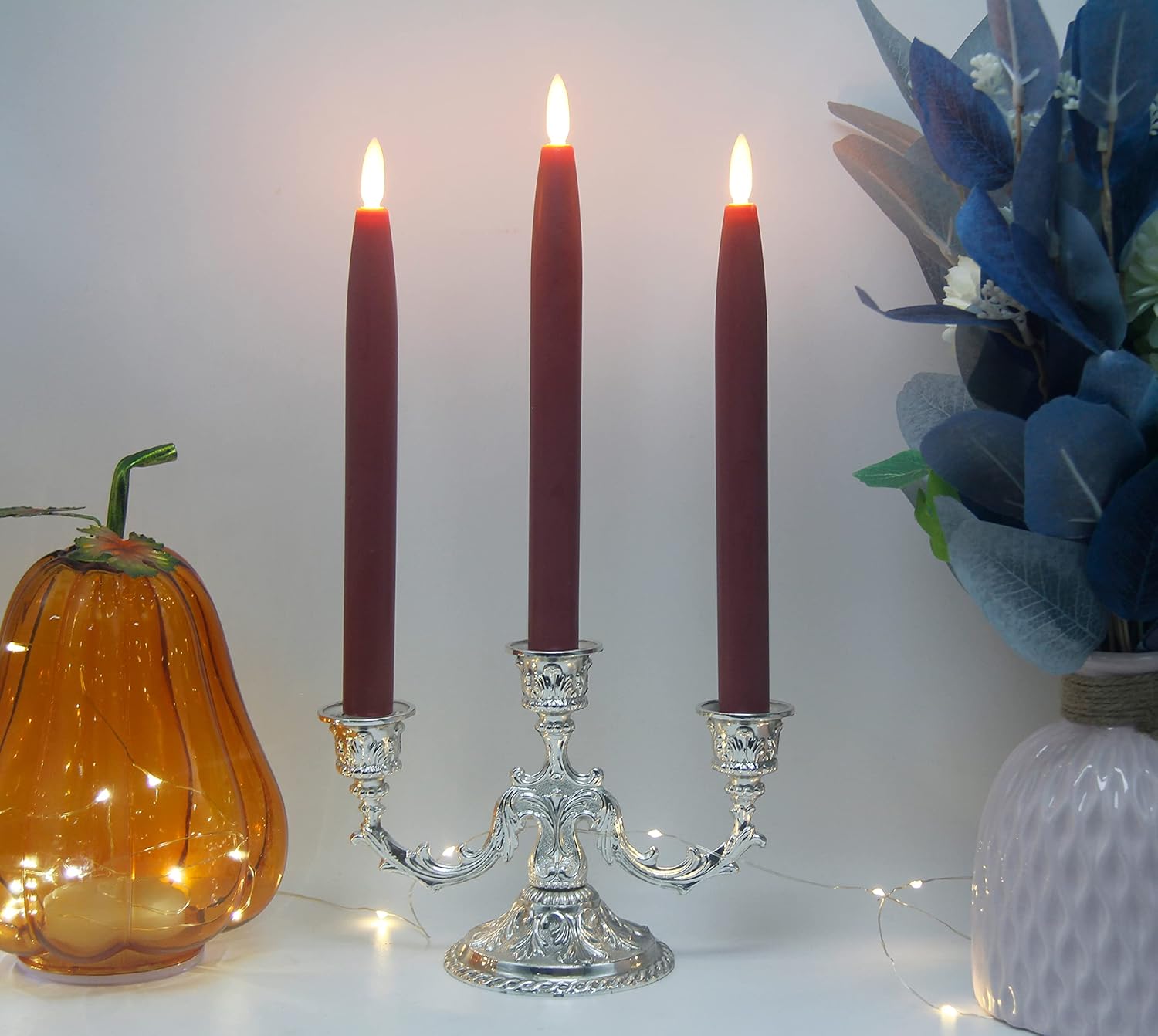 Flameless Taper Candles Battery Operated with Timer and Remote, LED Real Wax Tapered Dinner Candle, Window Candle Set of 3. Centerpieces for Dining, Table, Christmas, Wedding (Red)