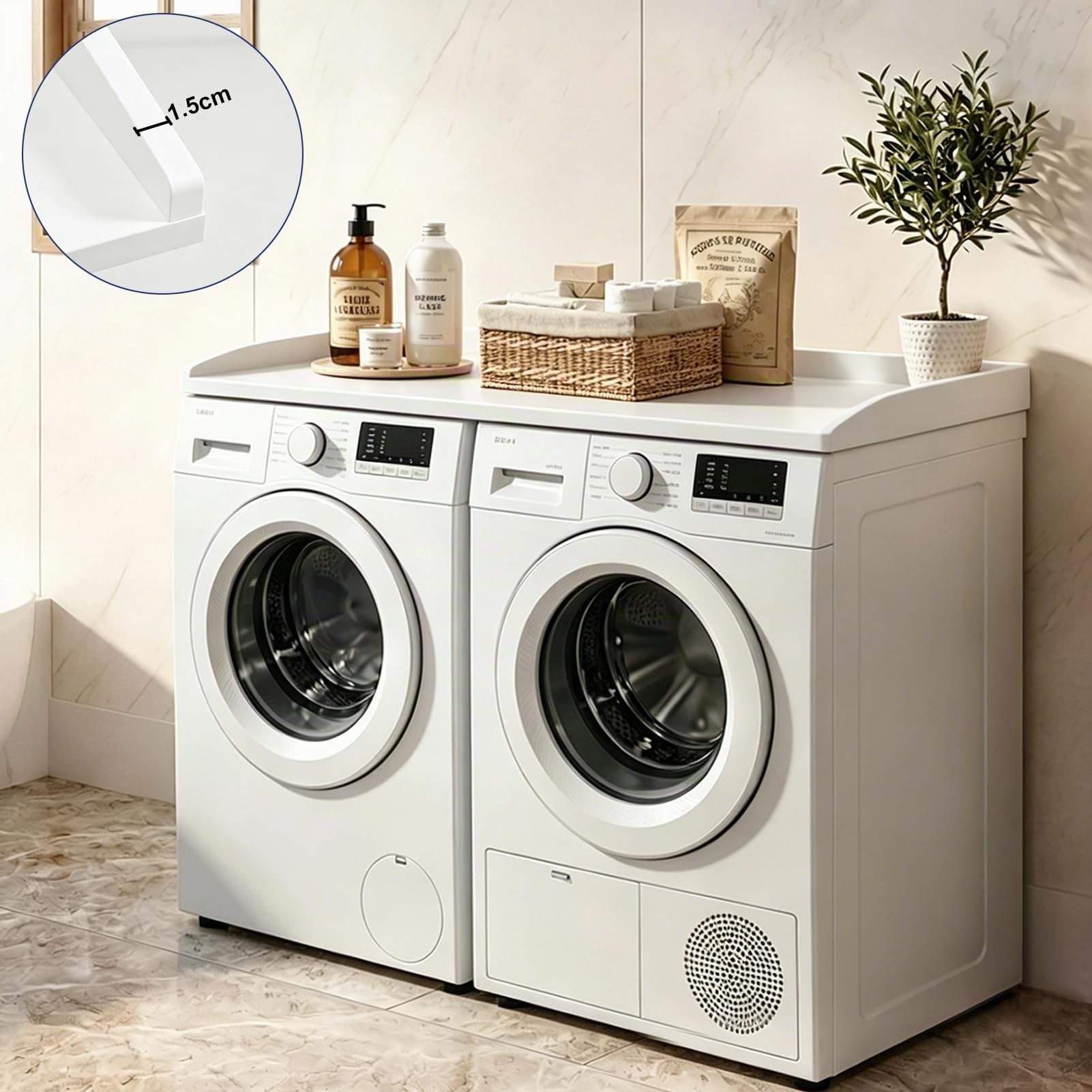 Arbeitsplatte Waschmaschine Trockner, Waschmaschinen Auflage Holz, Wasserdicht & Schneller Aufbau, Laundry Countertop für Waschmaschine & Trockner,bis 50 kg, 120×60×7.5cm (Weiß)