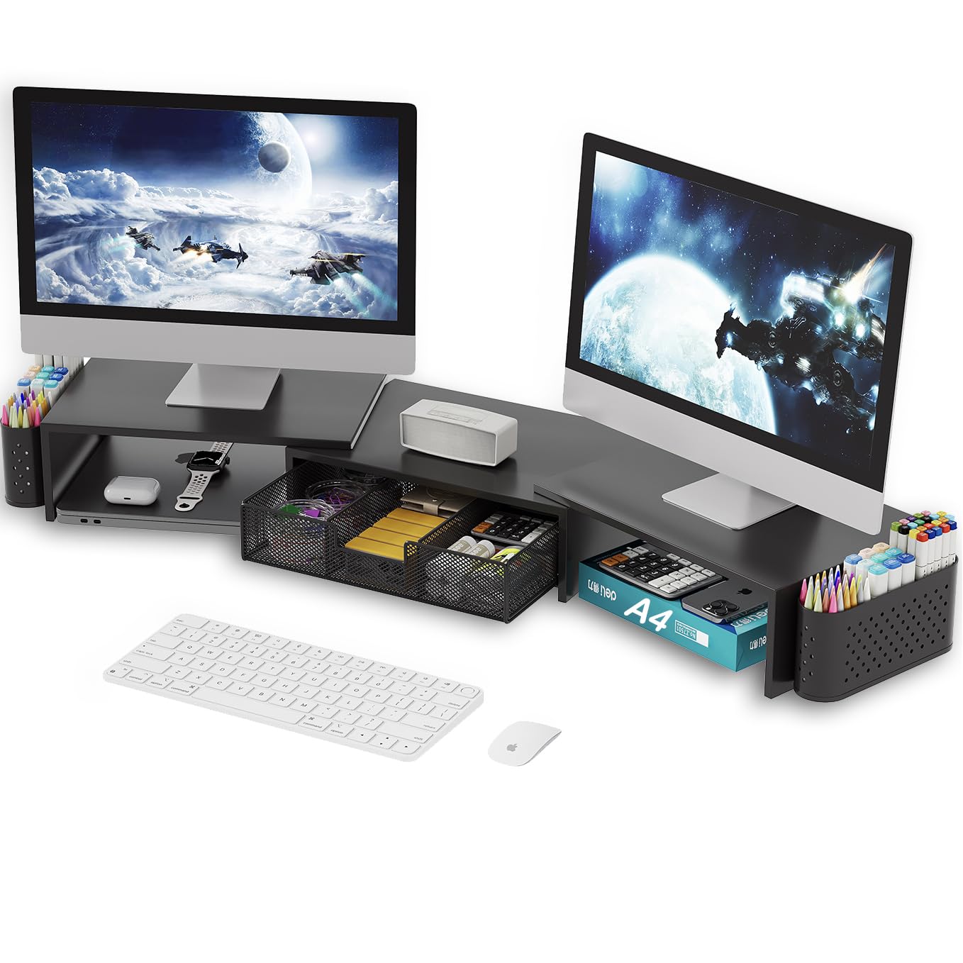 Supporto in Metallo per Due Monitor, Rialzo per Monitor con Cassetto e 2 Portapenne, Supporto Rialzato per Due Monitor per Laptop, PC, Computer e Stampante da Scrivania (Nero)