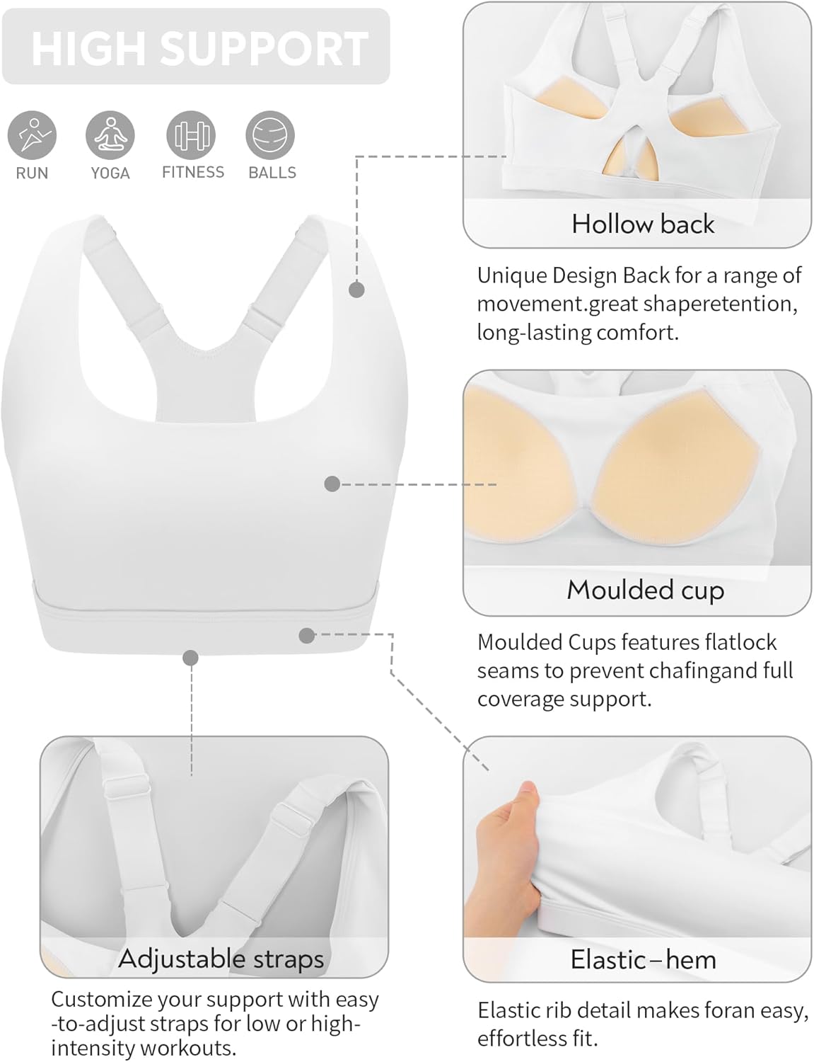 RUNNING GIRL High Impact Sports Bras for Women High Support Molded Cups, Adjustable Straps Sports Bra with Sewn in Pads - Image 4