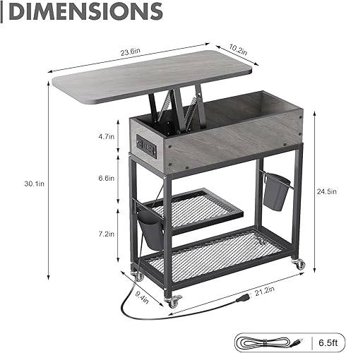 Miniatura 3 de Colima Lift Top End Table with Charging Station and Wheels, Sofa Side Table with USB Port & AC Outlets, Movable Bedside Nightstand with Side Bag for