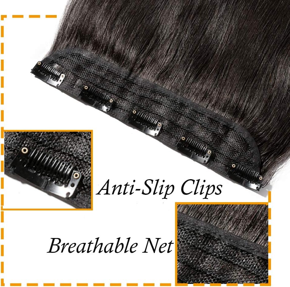 Silk-co One Piece Clip on Hair Extensions Seamless Hair Extensions Human Hair Clip in Remy Real Hair Extension Natural Straight #1B Natural Black (22 inches-55 grams) 3/4 Full Head - Image 4