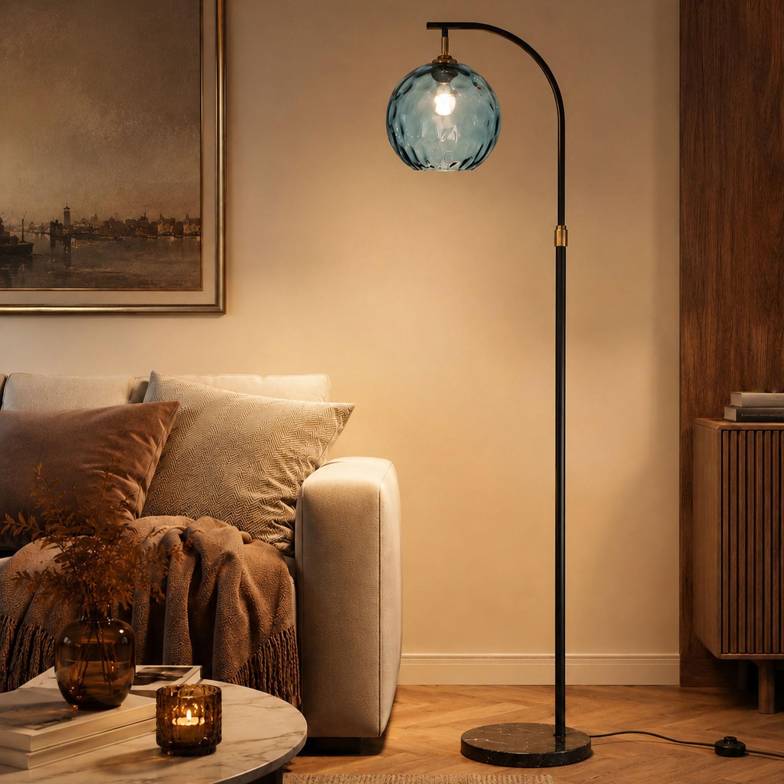Lampada Da Terra Ad Arco Nordico, Lampada Da Terra In Vetro A Globo, Base In Marmo, Con LED E27, Dimmerabile, Altezza Regolabile, Lampada Alta Per Soggiorno, Camera Da Letto, Studio