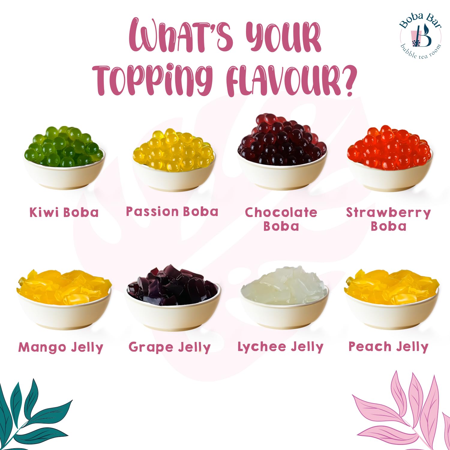 Creamy Twist - Kit Bubble Tea misto | 8 gusti di tè misti, 8 - Popping Boba e guarnizioni in gelatina, tè con bolle di perle di tapioca (per 8 persone) | Bustine di tè verde e Assam di